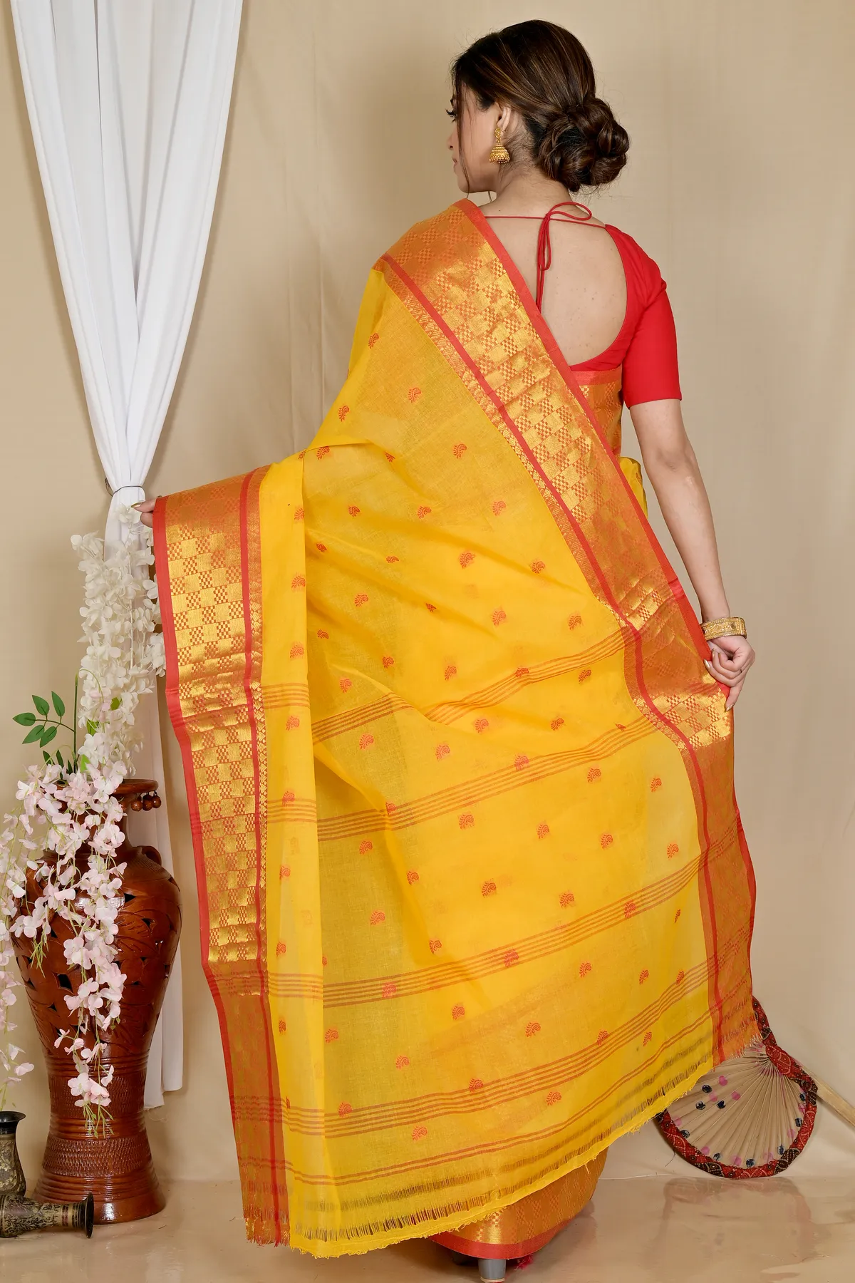 DipDiya Pure Cotton Yellow Atula Traditional Bengali Tant Sarees