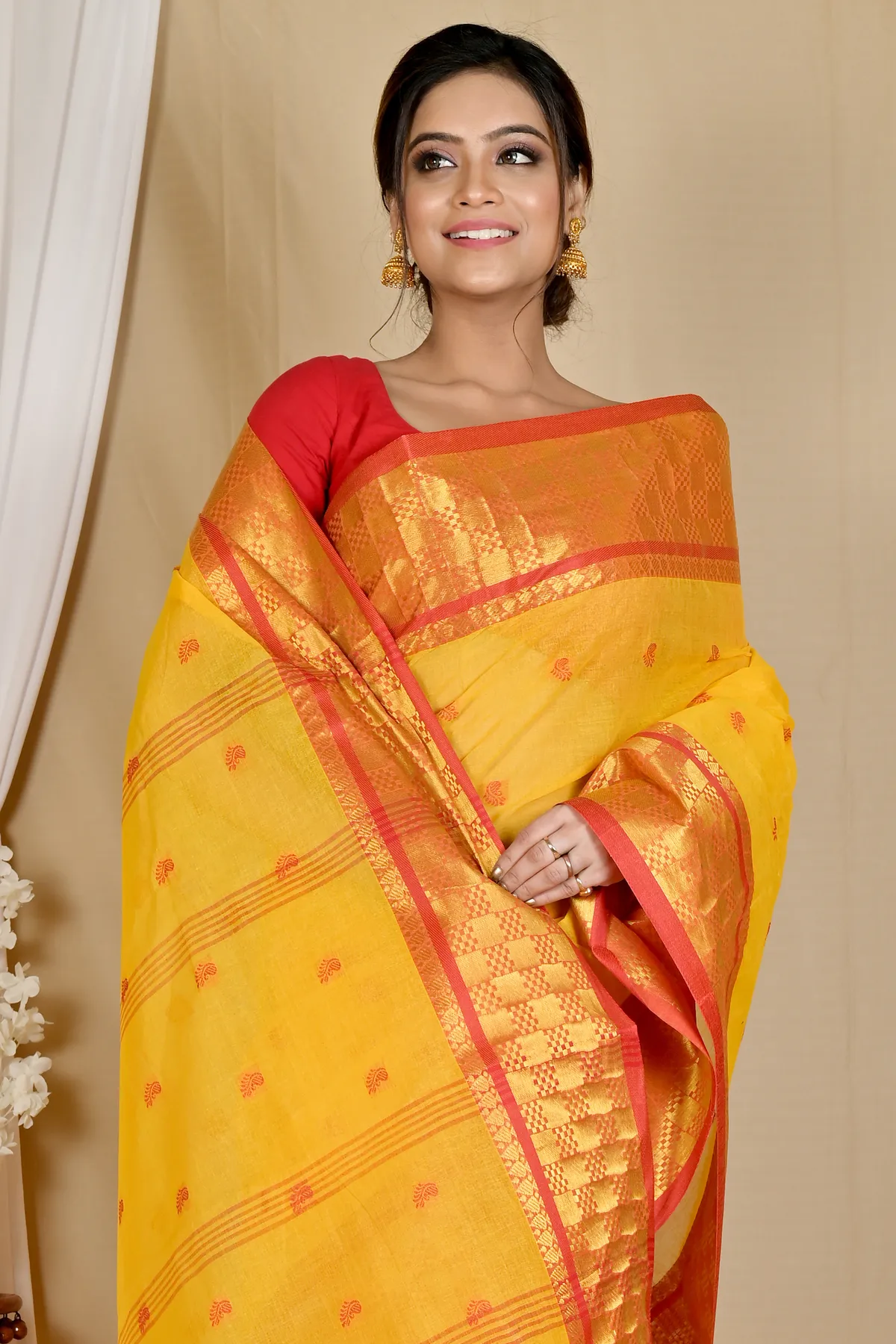 DipDiya Pure Cotton Yellow Atula Traditional Bengali Tant Sarees