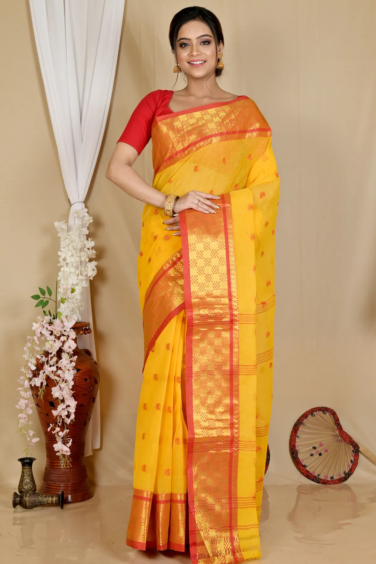 DipDiya Pure Cotton Yellow Atula Traditional Bengali Tant Sarees
