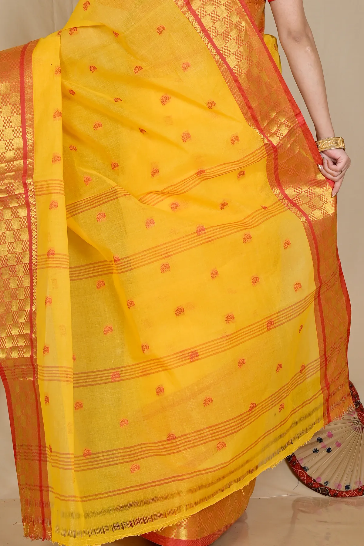DipDiya Pure Cotton Yellow Atula Traditional Bengali Tant Sarees