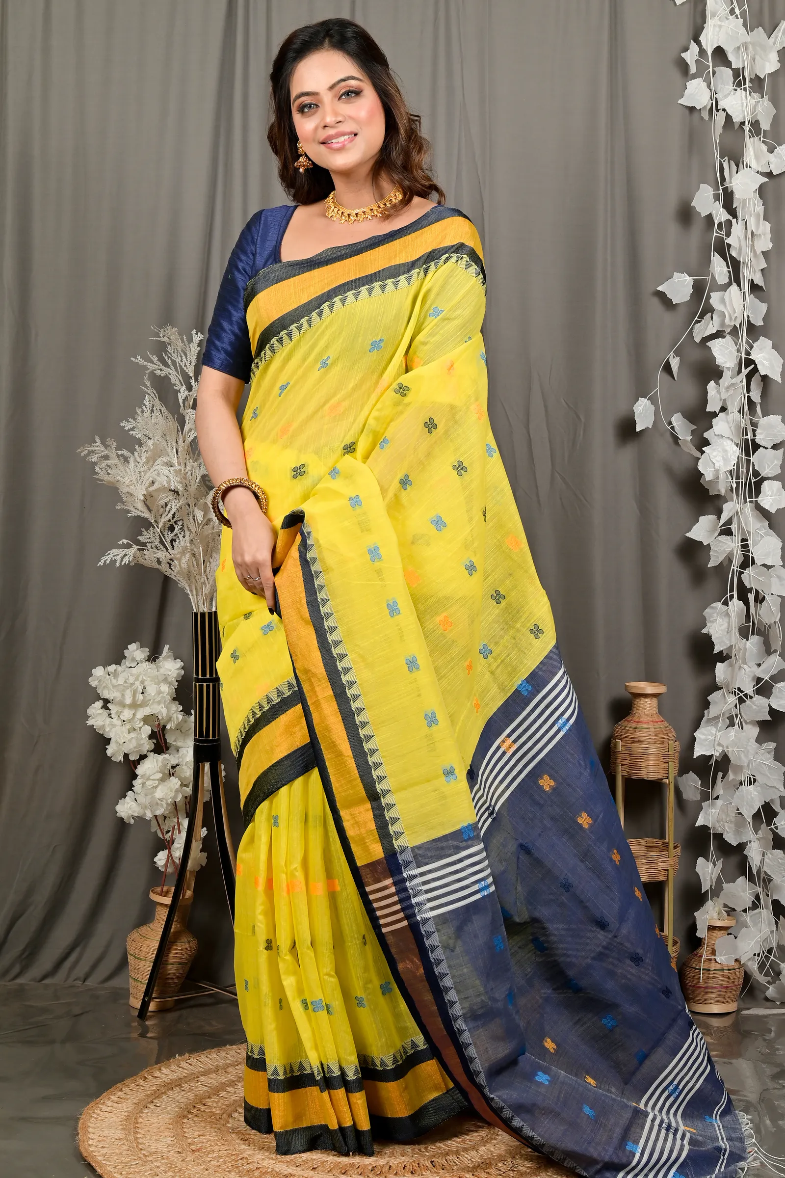 DipDiya Pure Cotton Yellow Blue Debasi Classic Bengali Handloom Sarees