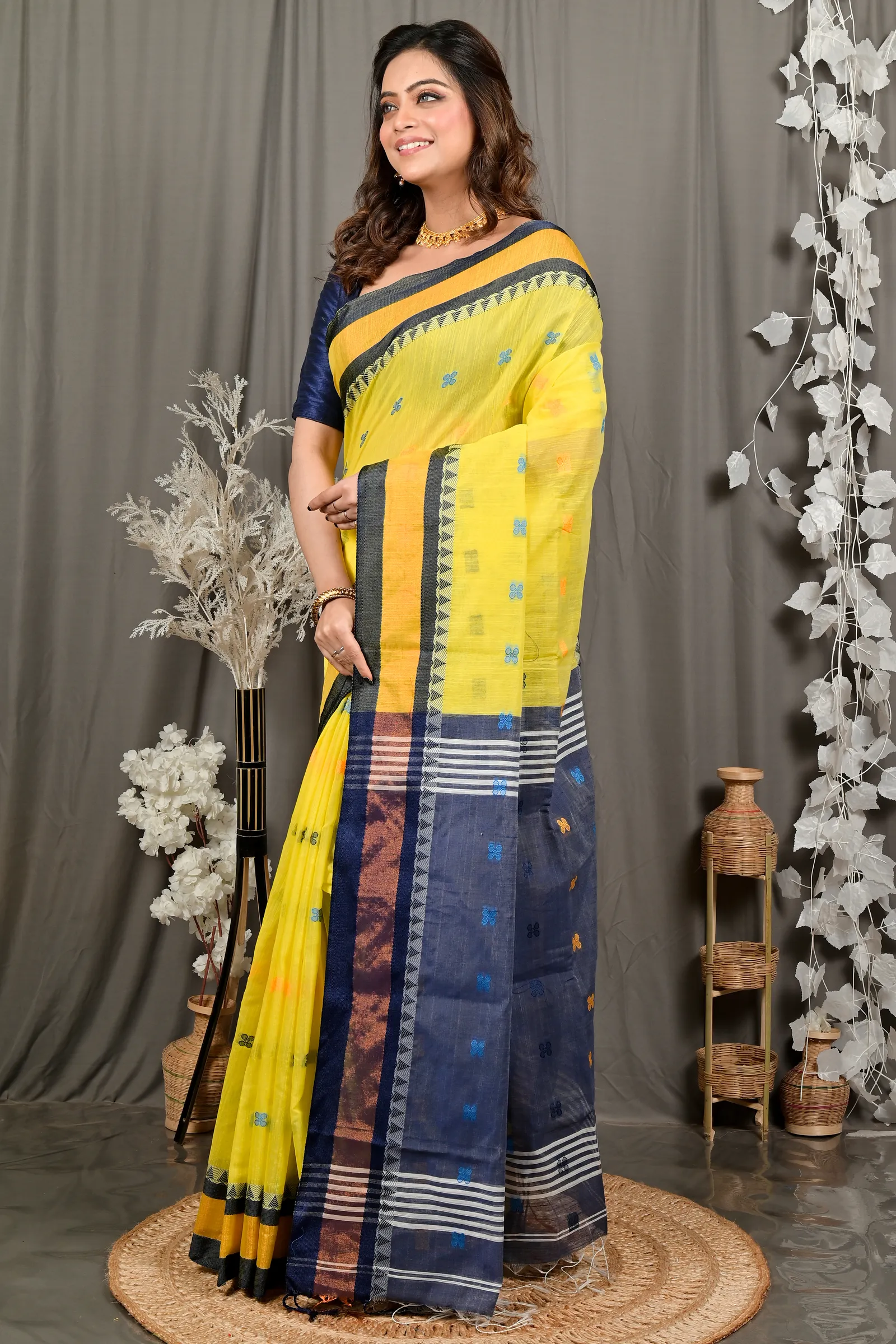DipDiya Pure Cotton Yellow Blue Debasi Classic Bengali Handloom Sarees