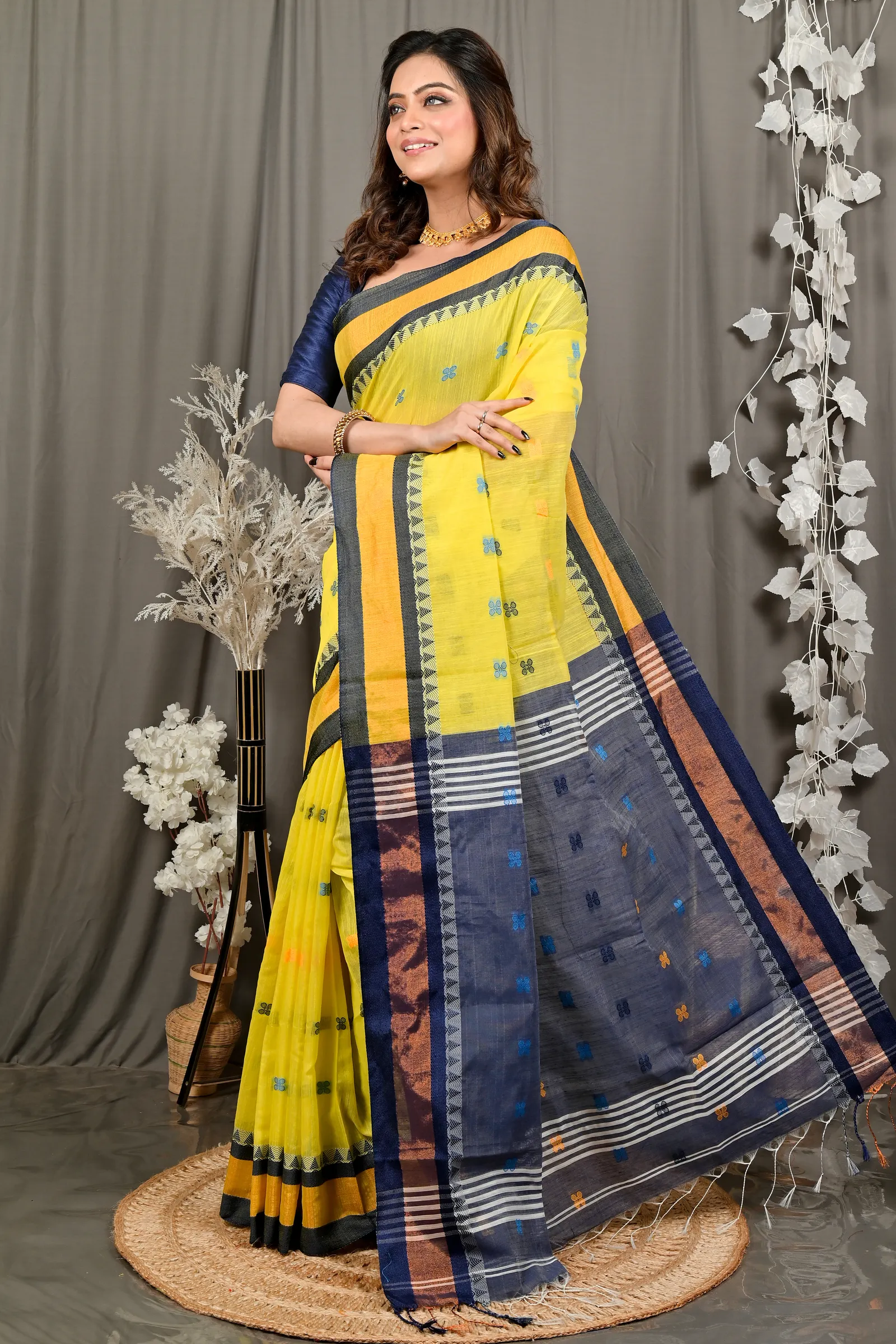 DipDiya Pure Cotton Yellow Blue Debasi Classic Bengali Handloom Sarees