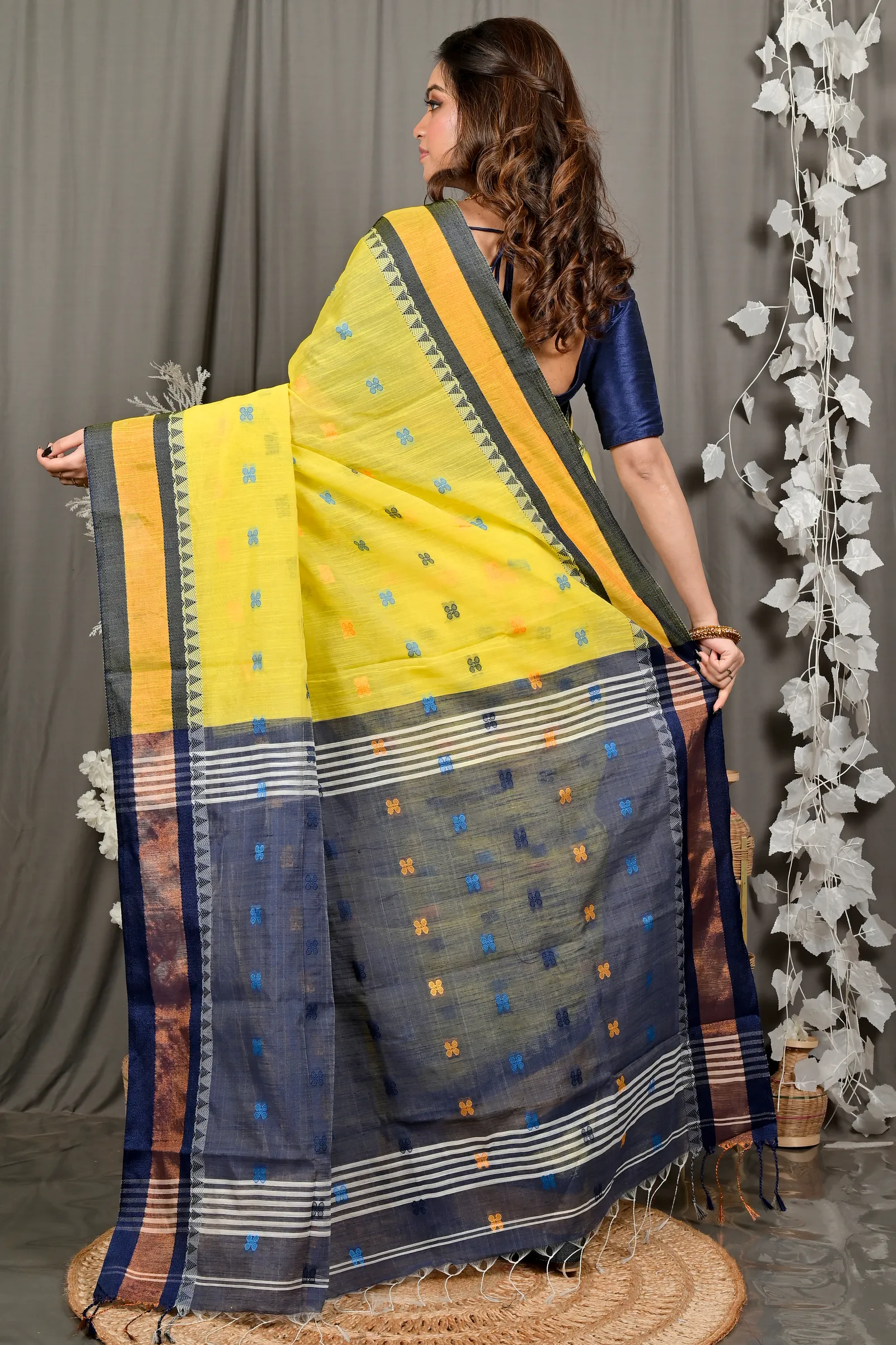 DipDiya Pure Cotton Yellow Blue Debasi Classic Bengali Handloom Sarees