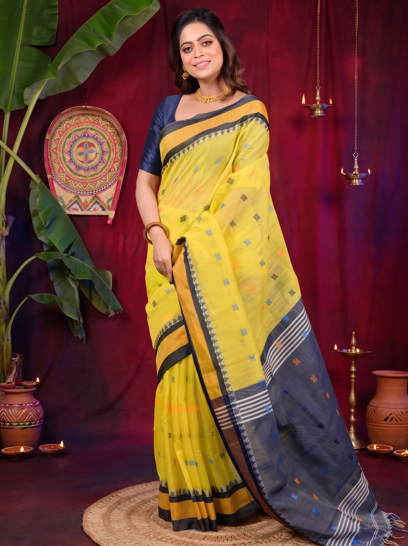 DipDiya Pure Cotton Yellow Blue Debasi Classic Bengali Handloom Sarees