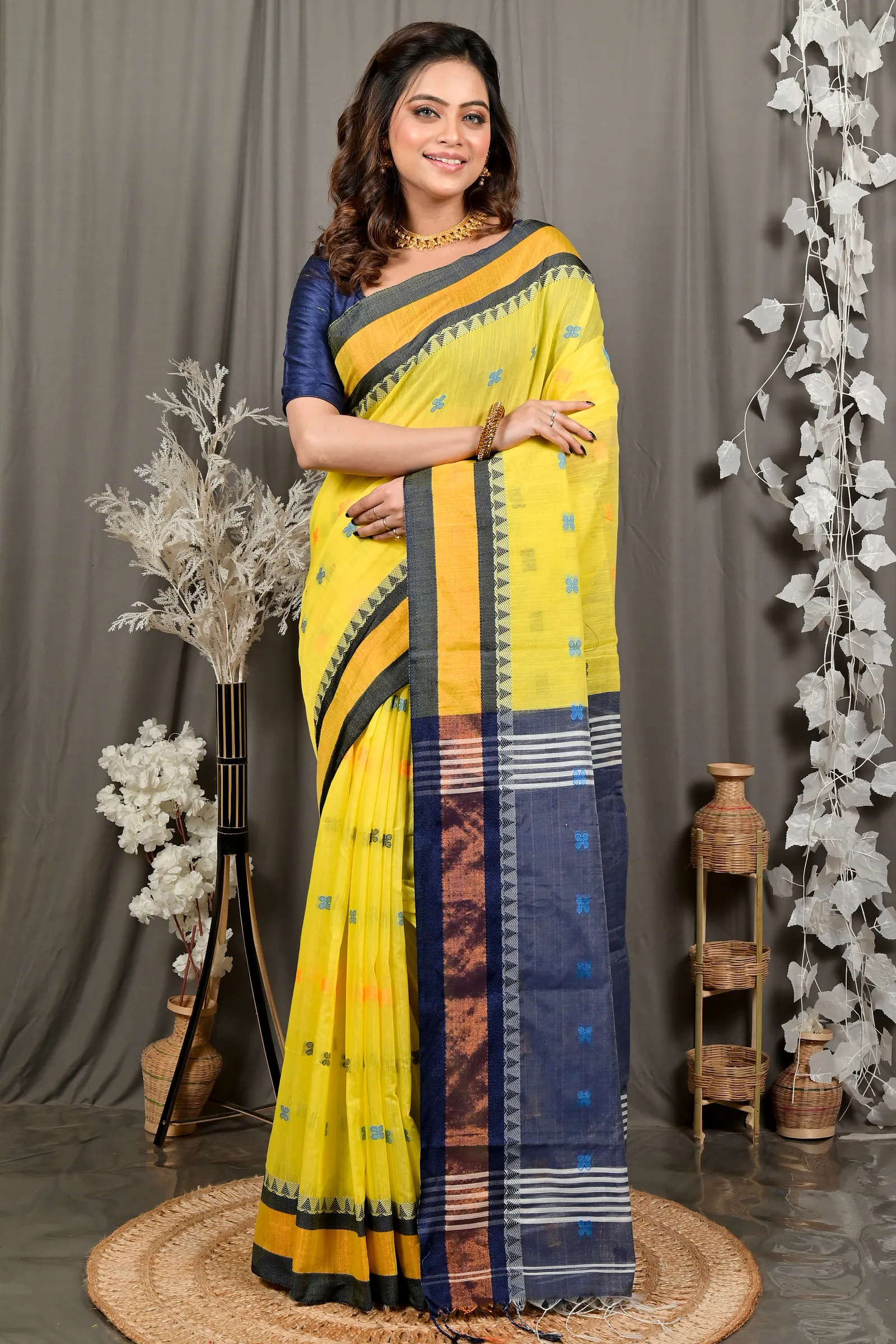 DipDiya Pure Cotton Yellow Blue Debasi Classic Bengali Handloom Sarees