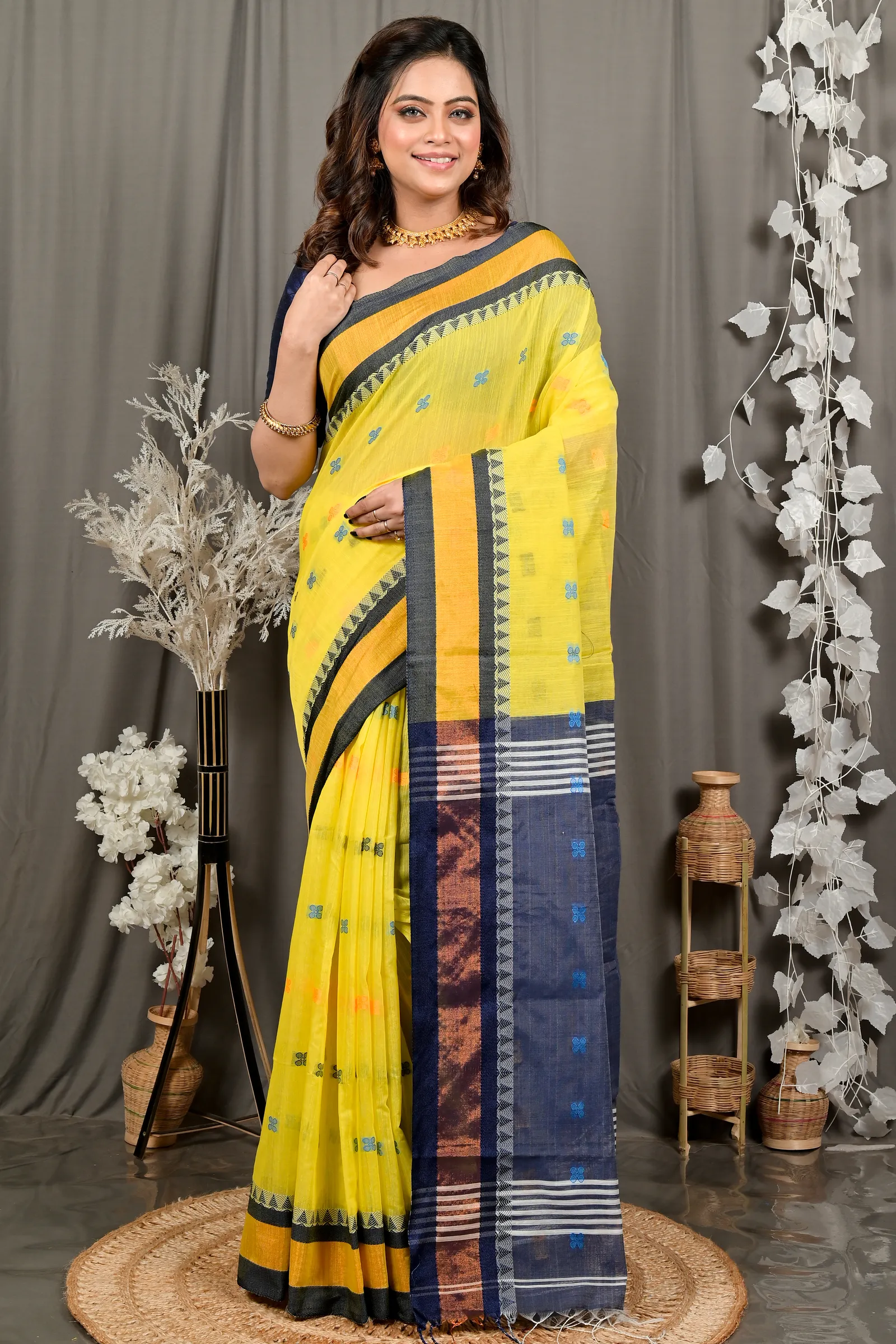 DipDiya Pure Cotton Yellow Blue Debasi Classic Bengali Handloom Sarees