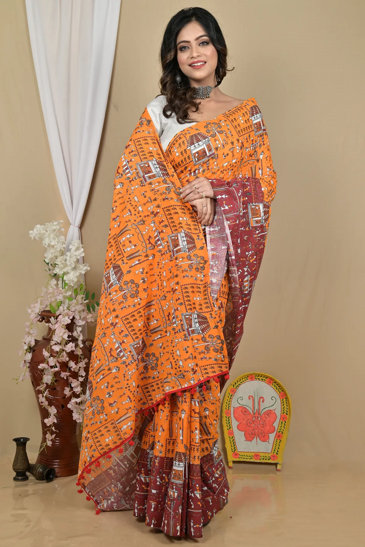 DipDiya Pure Cotton Yellow Brown Giana Weaves with a Story Kalamkari Printed Sarees