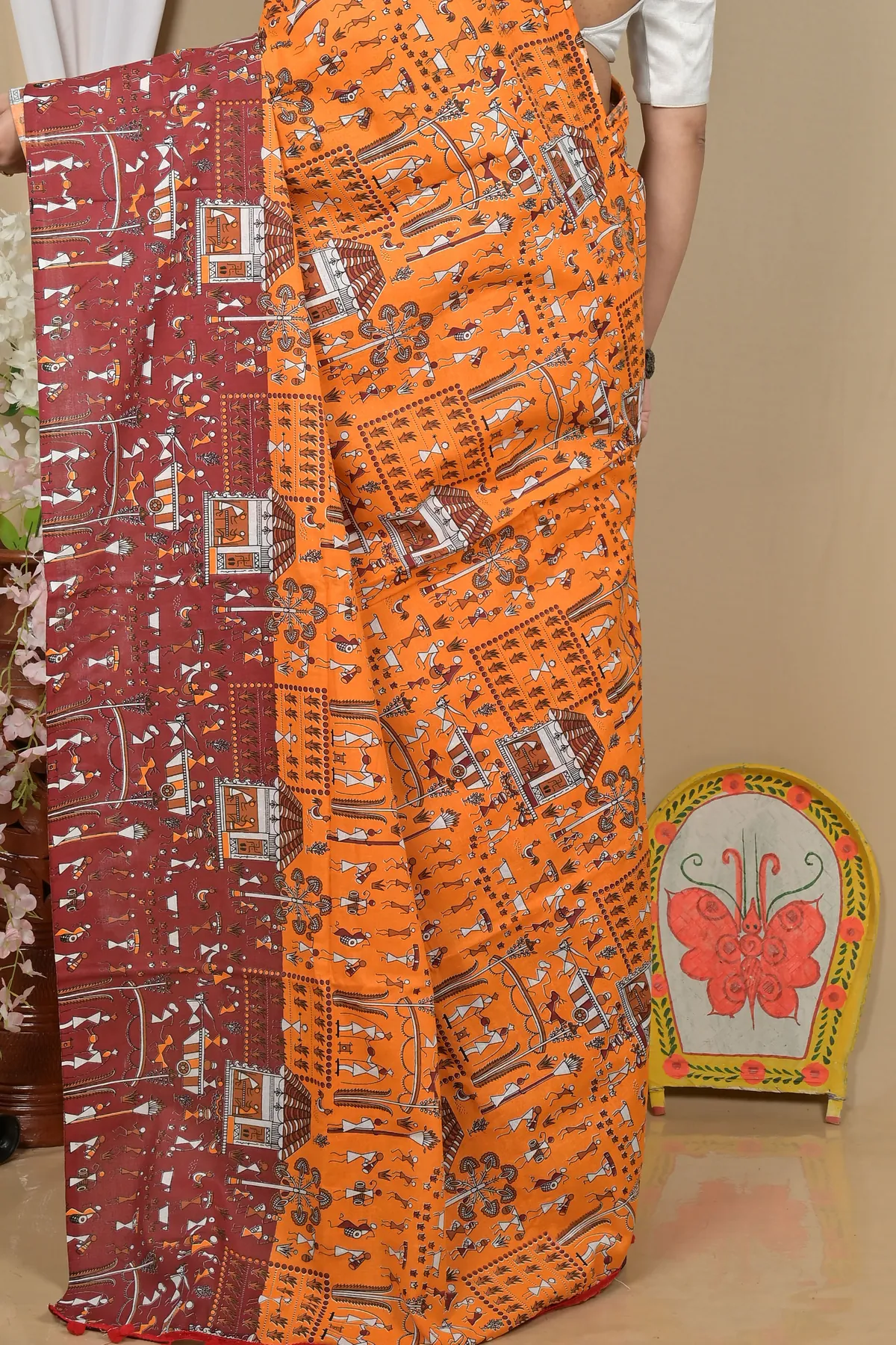 DipDiya Pure Cotton Yellow Brown Giana Weaves with a Story Kalamkari Printed Sarees