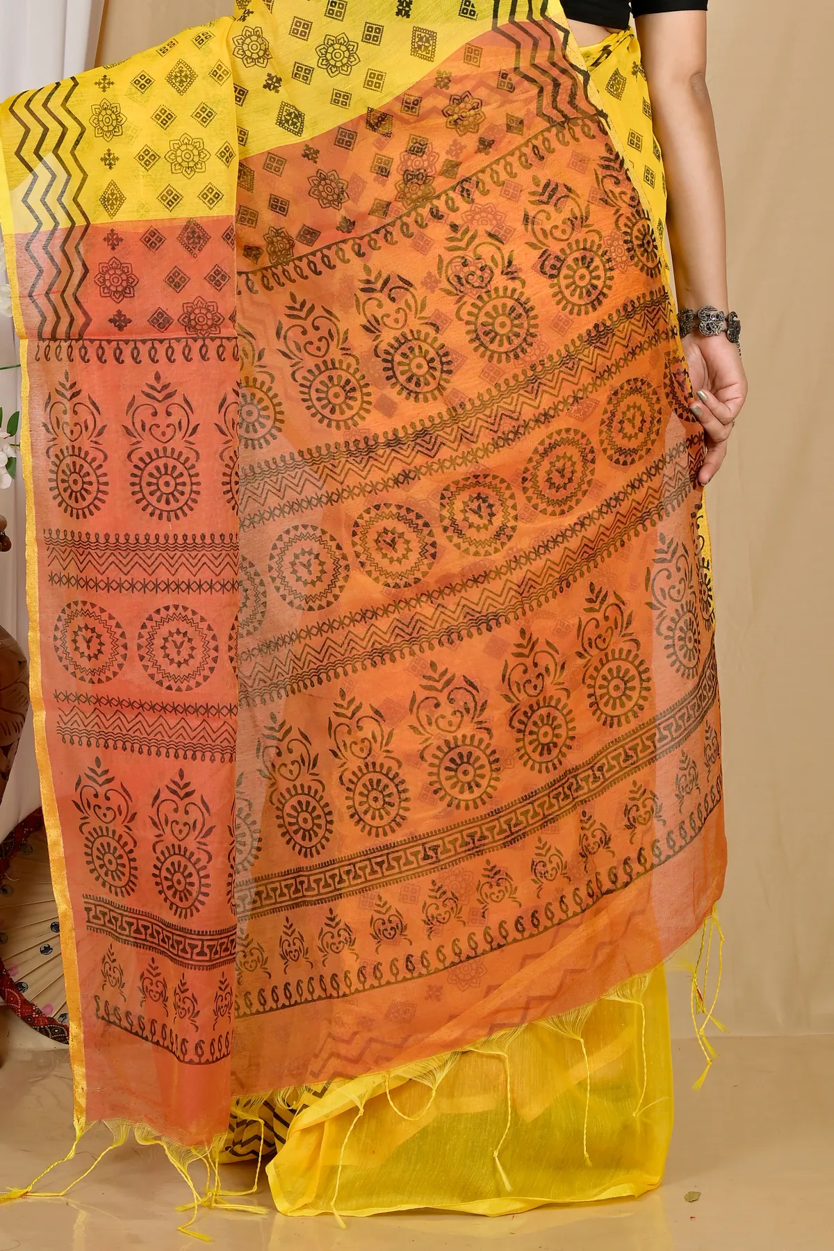 DipDiya Pure Cotton Yellow Brown Senak Rooted in Bengal Printed Handloom Sarees