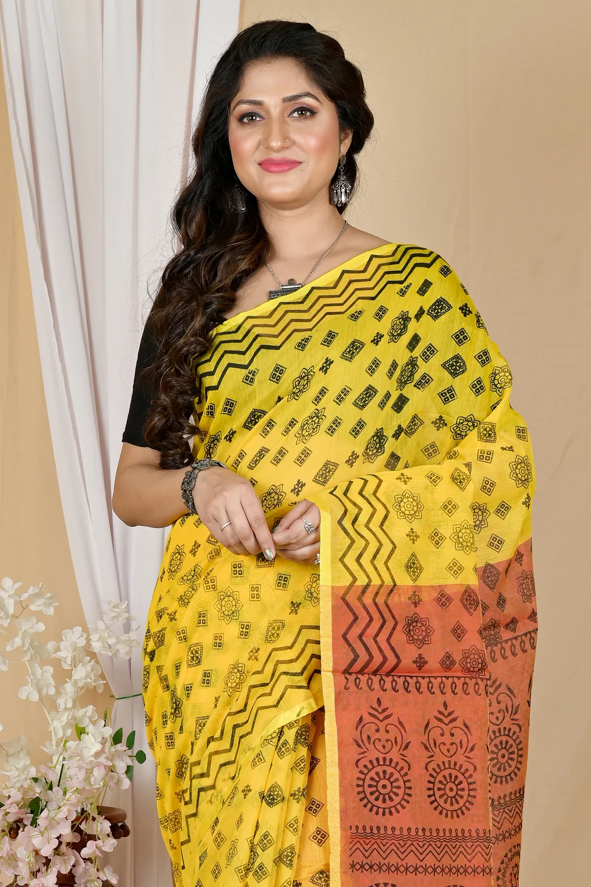 DipDiya Pure Cotton Yellow Brown Senak Rooted in Bengal Printed Handloom Sarees