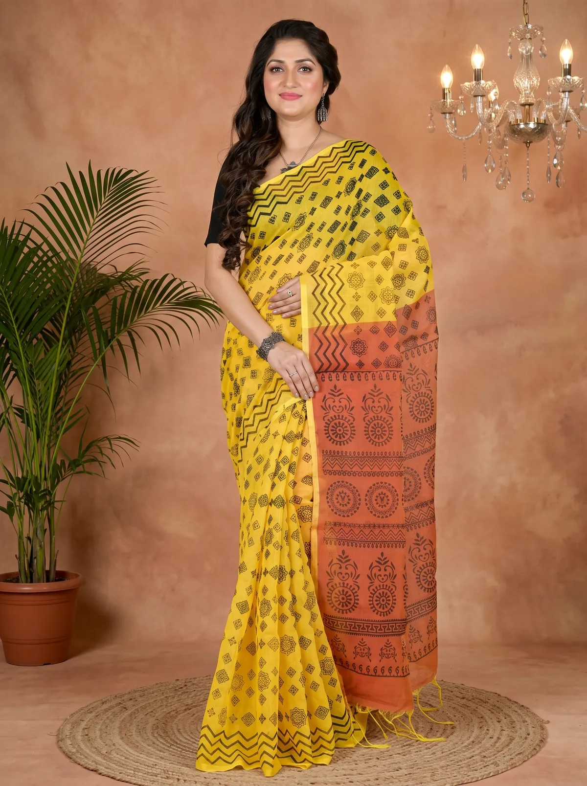 DipDiya Pure Cotton Yellow Brown Senak Rooted in Bengal Printed Handloom Sarees