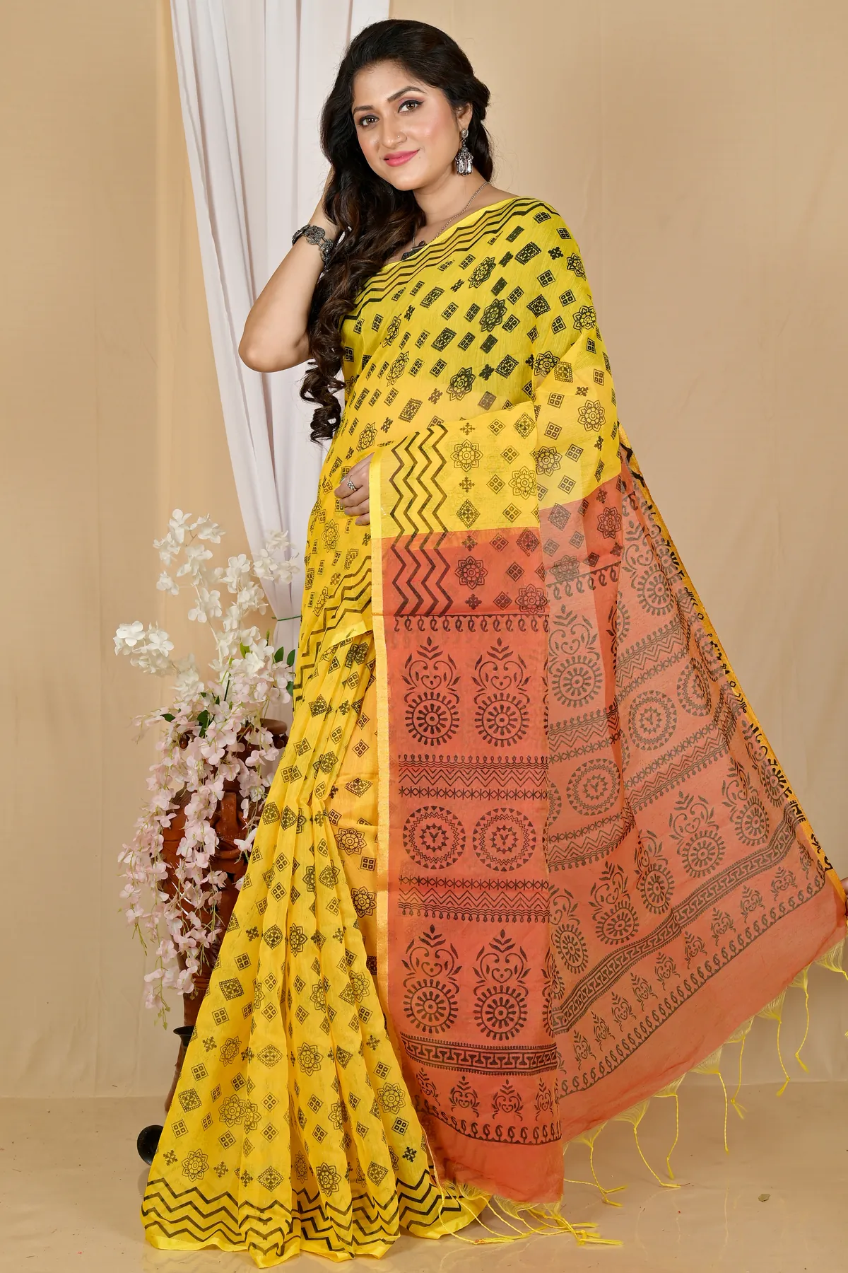 DipDiya Pure Cotton Yellow Brown Senak Rooted in Bengal Printed Handloom Sarees