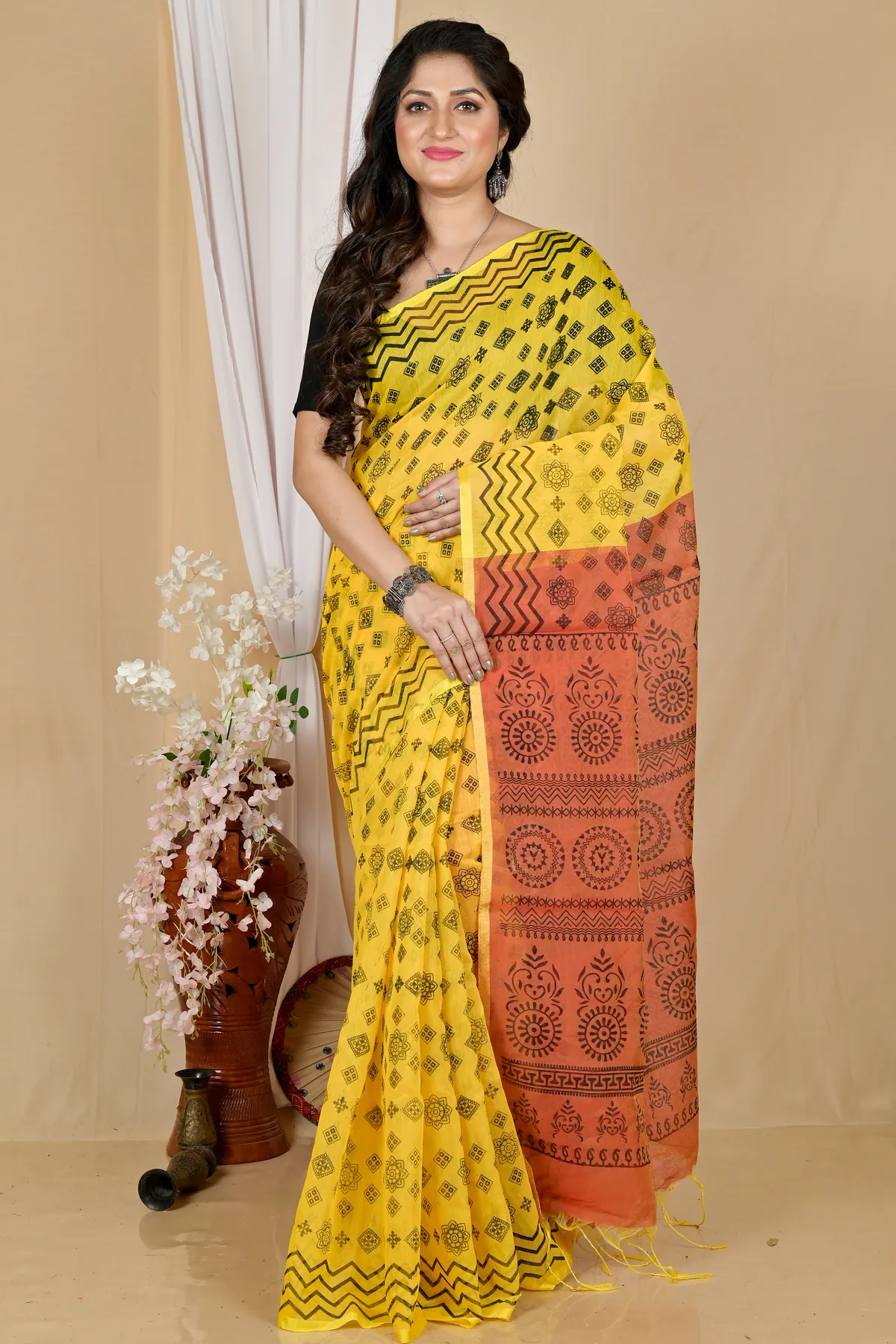 DipDiya Pure Cotton Yellow Brown Senak Rooted in Bengal Printed Handloom Sarees