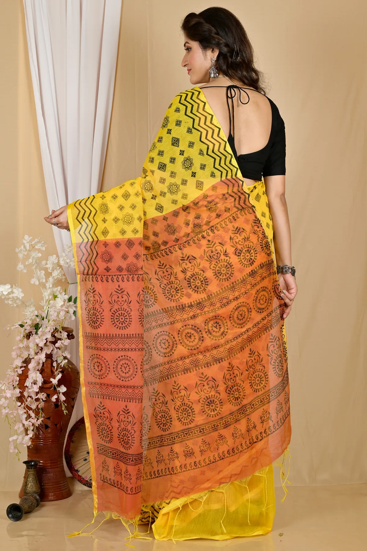 DipDiya Pure Cotton Yellow Brown Senak Rooted in Bengal Printed Handloom Sarees