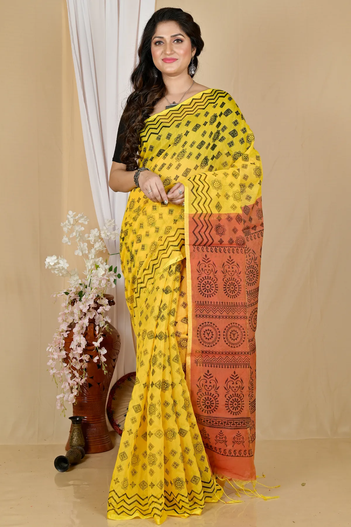 DipDiya Pure Cotton Yellow Brown Senak Rooted in Bengal Printed Handloom Sarees