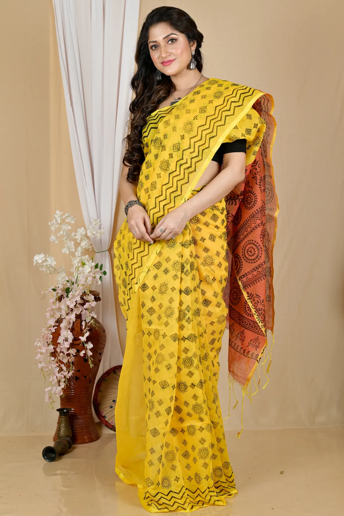 DipDiya Pure Cotton Yellow Brown Senak Rooted in Bengal Printed Handloom Sarees