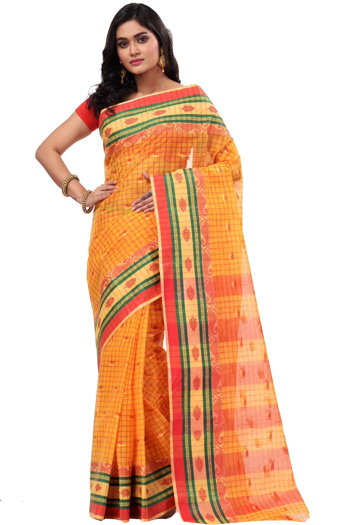 DipDiya Pure Cotton Yellow ChakButi Masterfully Woven Tant Sarees