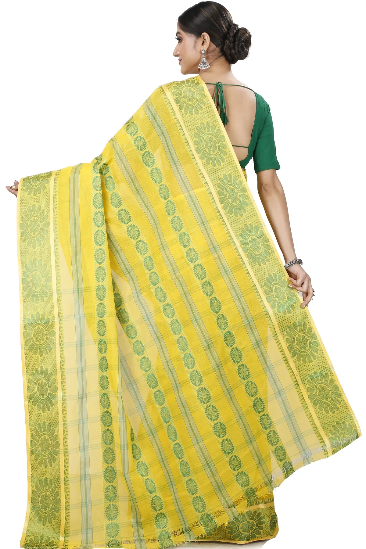 DipDiya Pure Cotton Yellow Chakro Tant Artisan Woven Tant Sarees