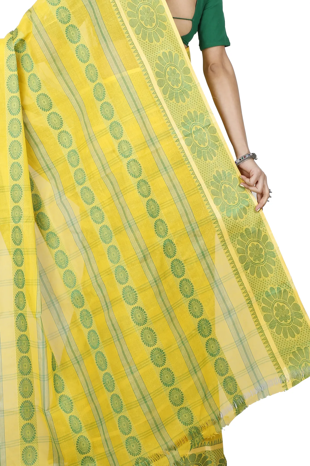 DipDiya Pure Cotton Yellow Chakro Tant Artisan Woven Tant Sarees