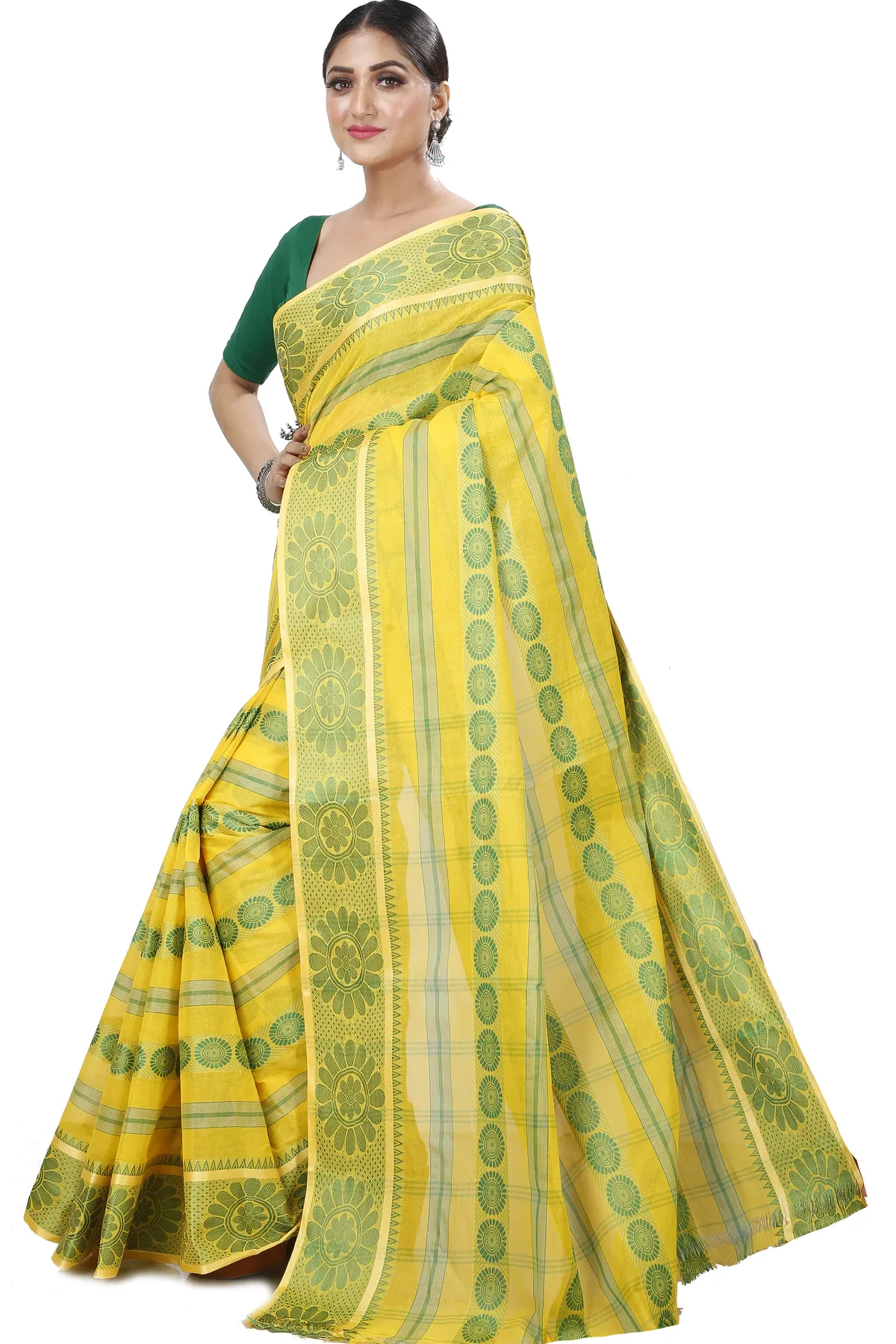 DipDiya Pure Cotton Yellow Chakro Tant Artisan Woven Tant Sarees