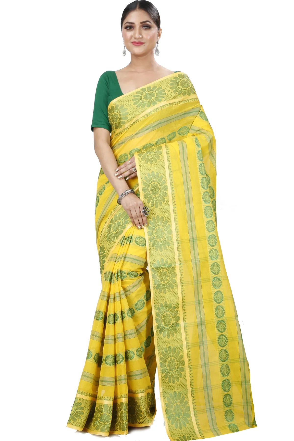 DipDiya Pure Cotton Yellow Chakro Tant Artisan Woven Tant Sarees