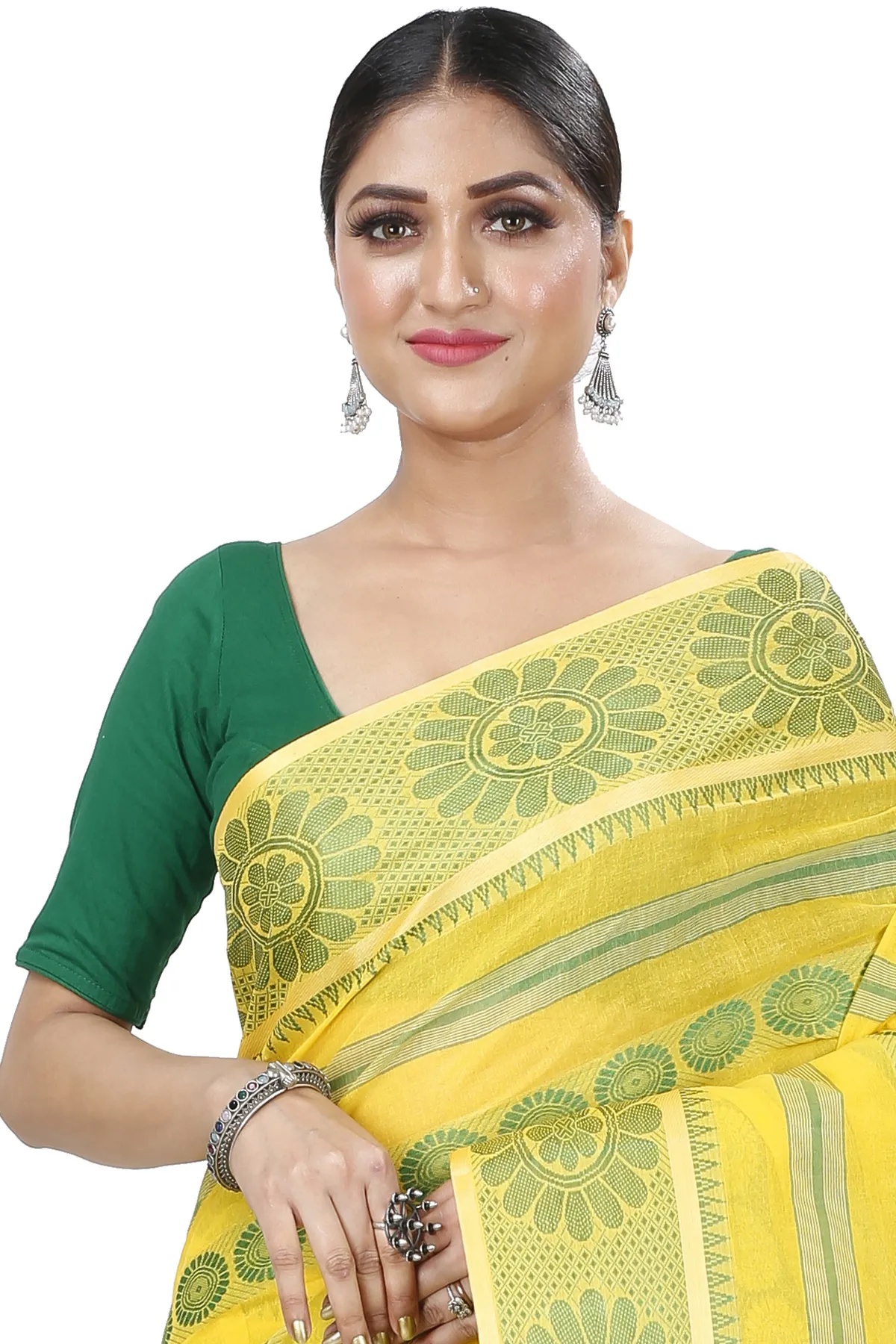 DipDiya Pure Cotton Yellow Chakro Tant Artisan Woven Tant Sarees