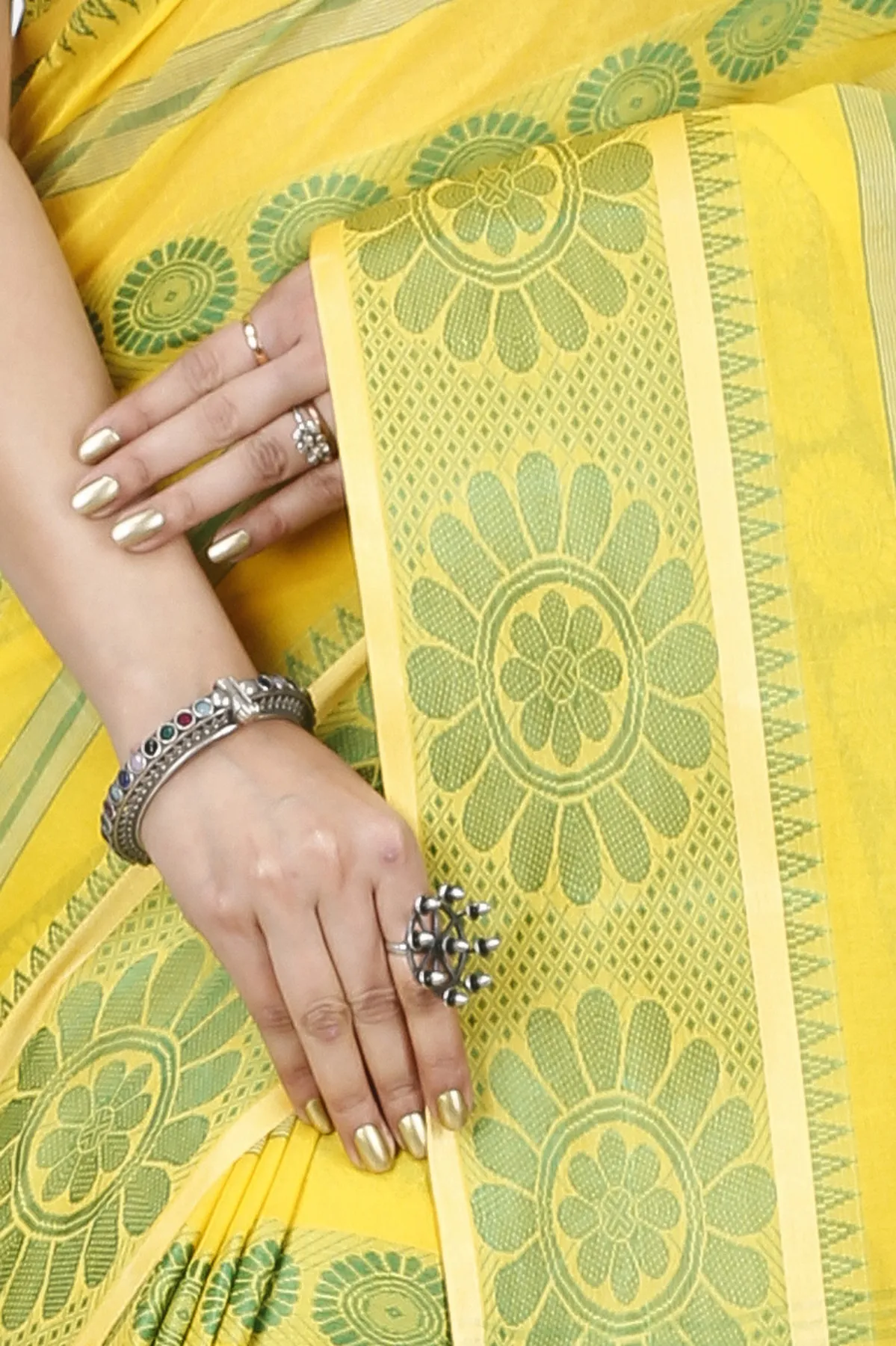 DipDiya Pure Cotton Yellow Chakro Tant Artisan Woven Tant Sarees