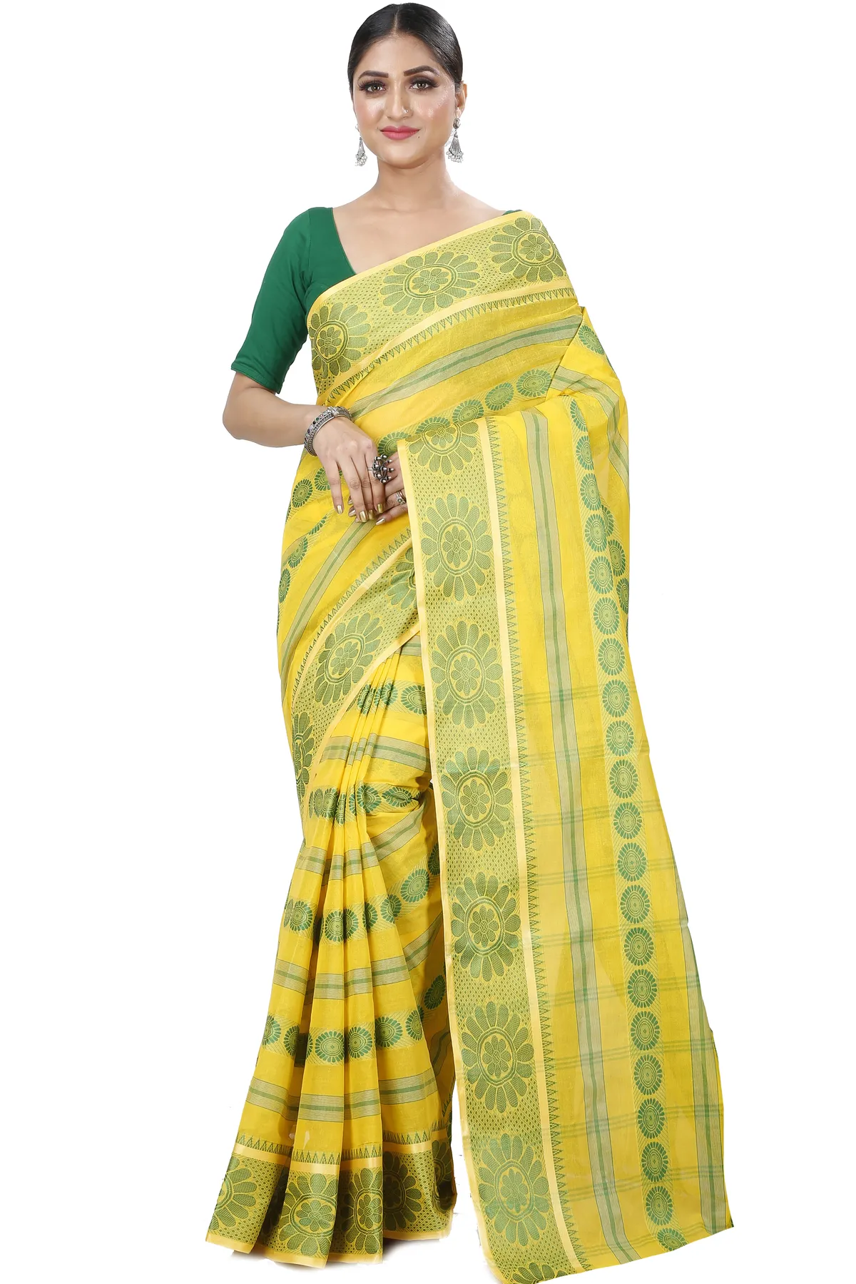 DipDiya Pure Cotton Yellow Chakro Tant Artisan Woven Tant Sarees