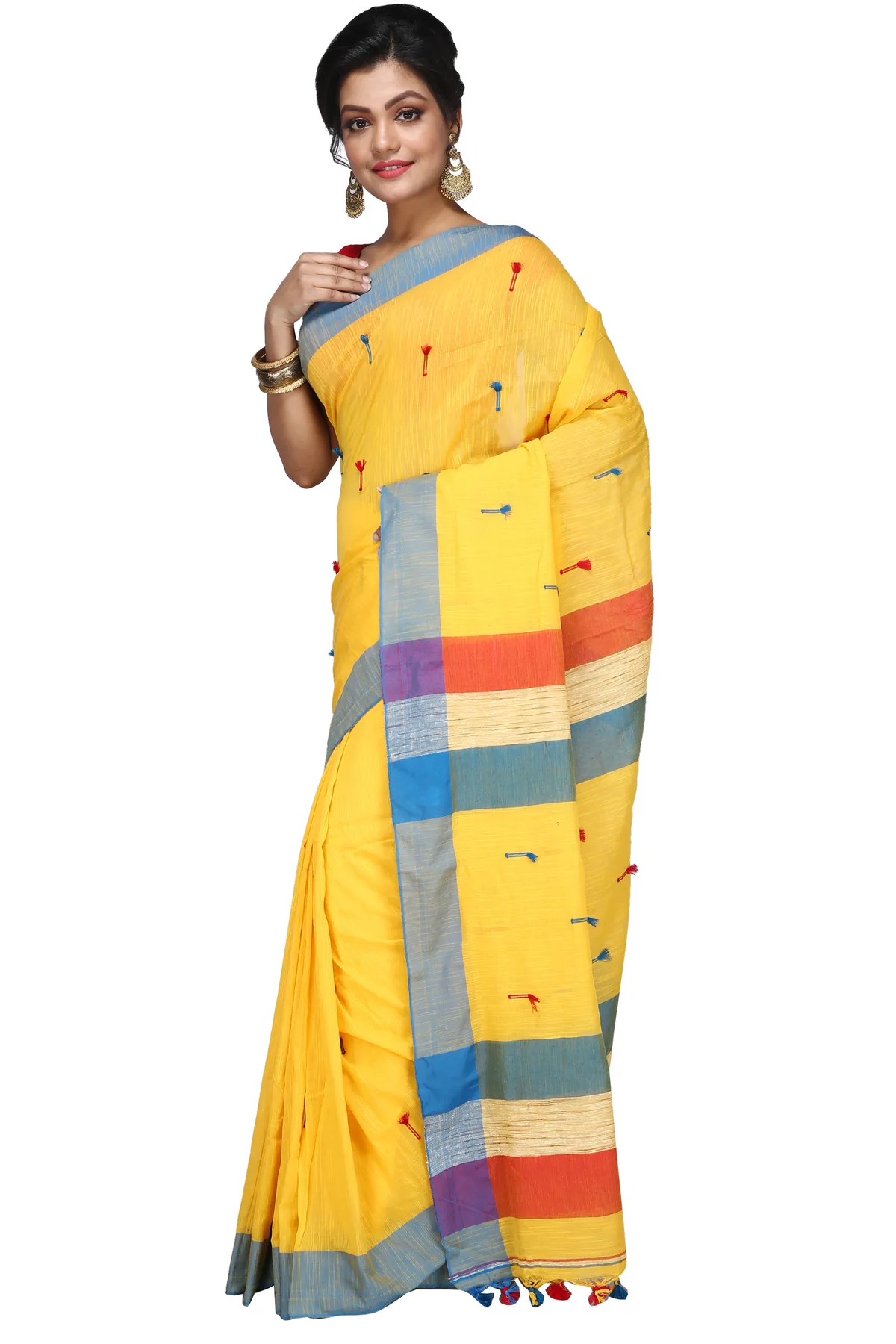DipDiya Pure Cotton Yellow Clacial Desigined Timeless Bengal Handloom Sarees