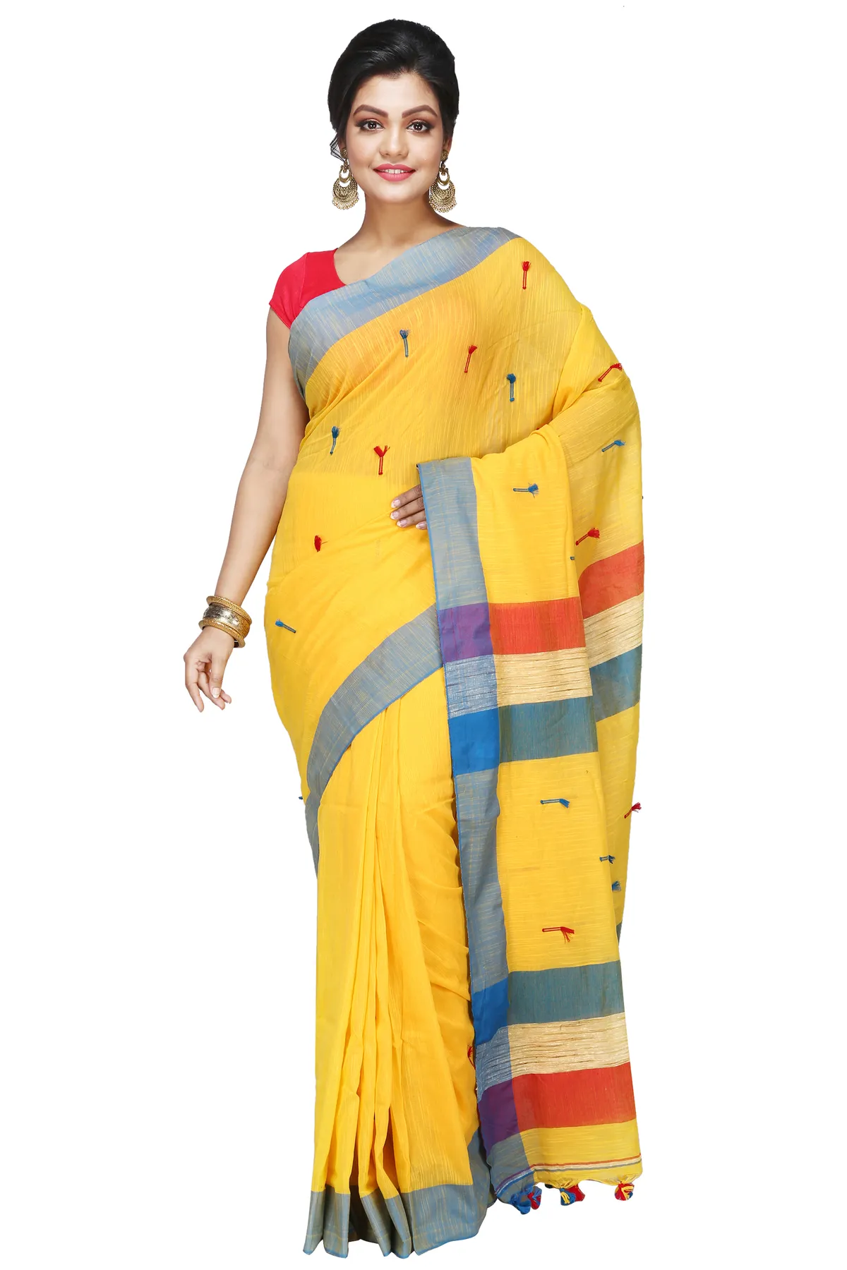 DipDiya Pure Cotton Yellow Clacial Desigined Timeless Bengal Handloom Sarees