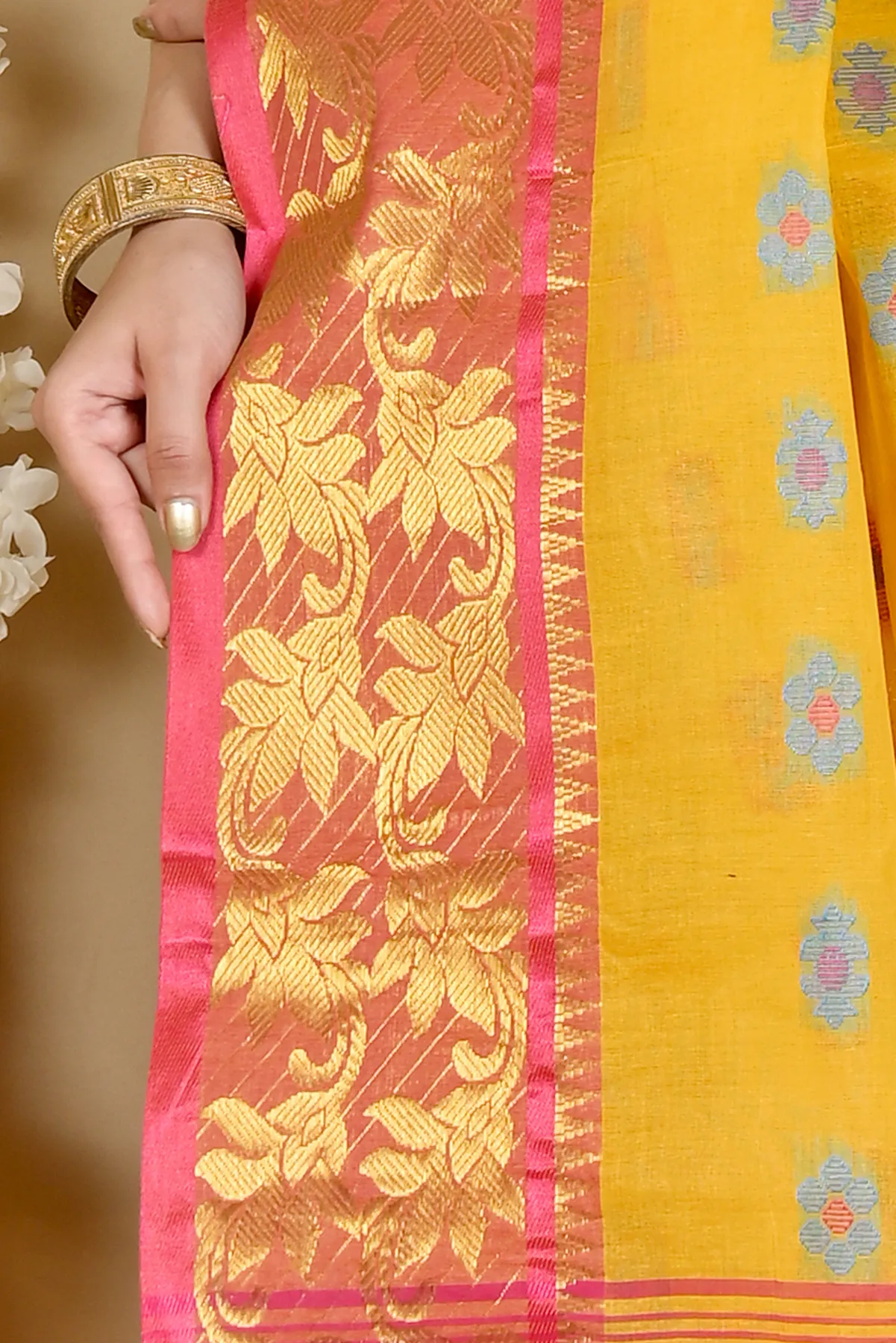 DipDiya Pure Cotton Yellow Dui Has Wrapped in Heritage Tant Sarees