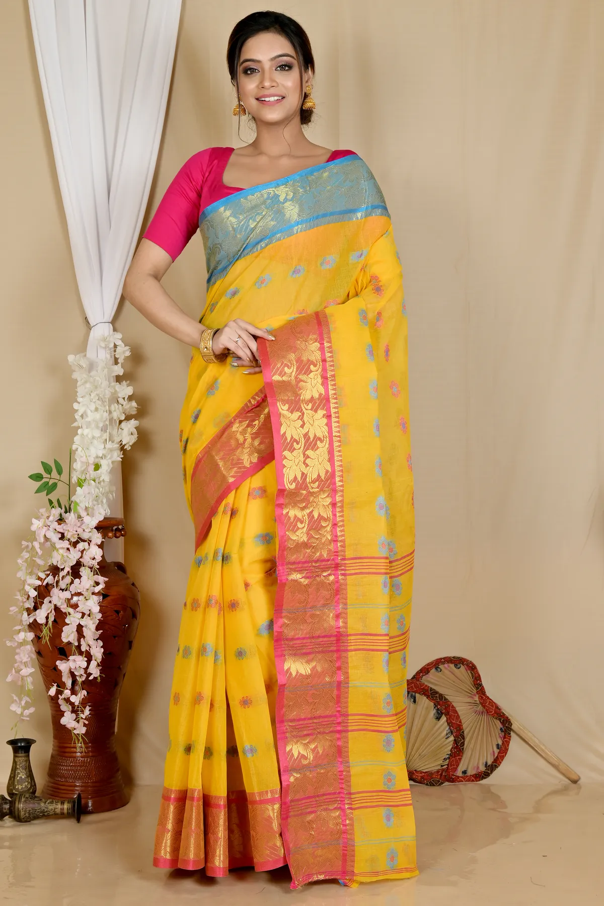 DipDiya Pure Cotton Yellow Dui Has Wrapped in Heritage Tant Sarees
