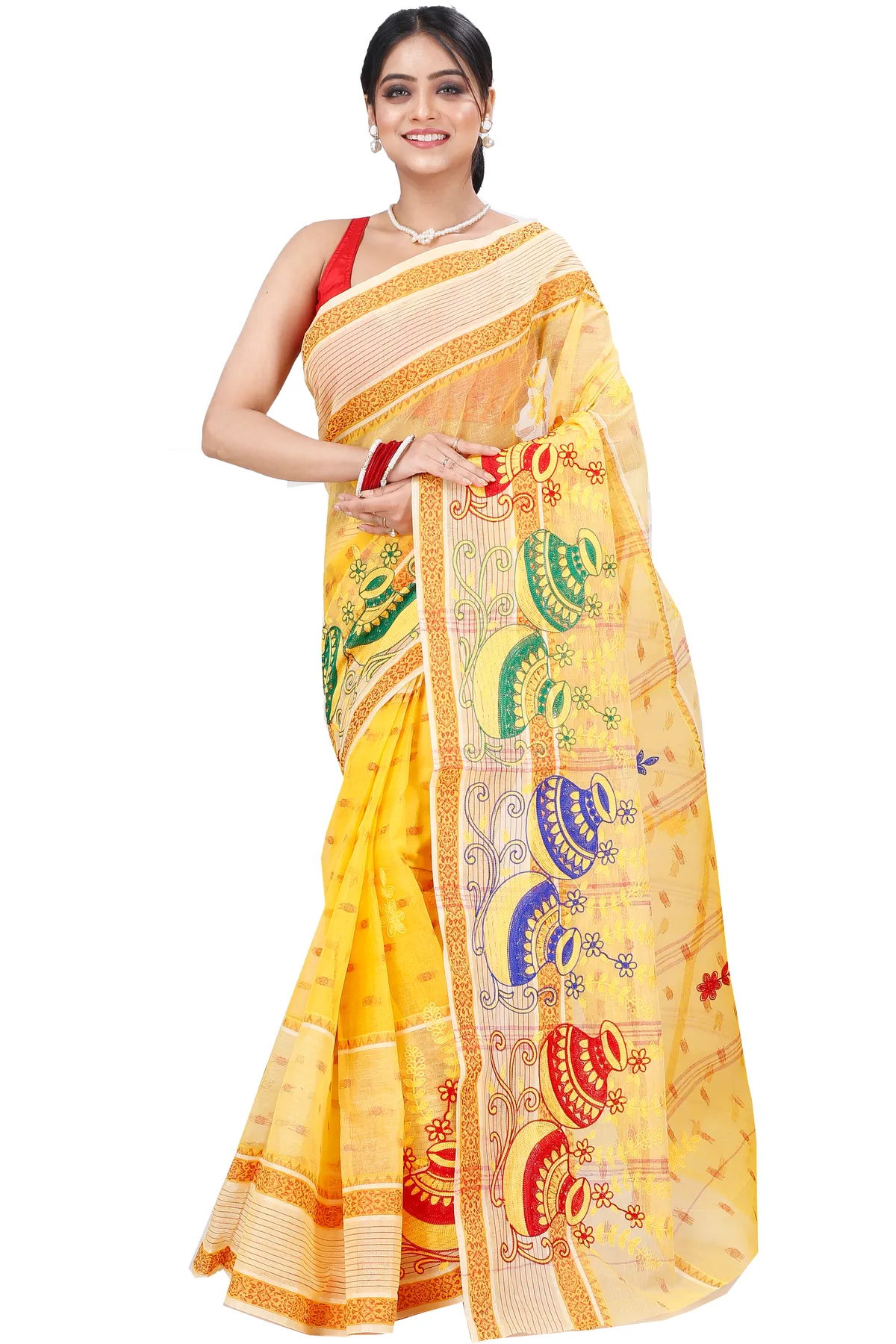 DipDiya Pure Cotton Yellow Embi Debdash Ghot Tradition in Every Thread Embroidery Tant Sarees
