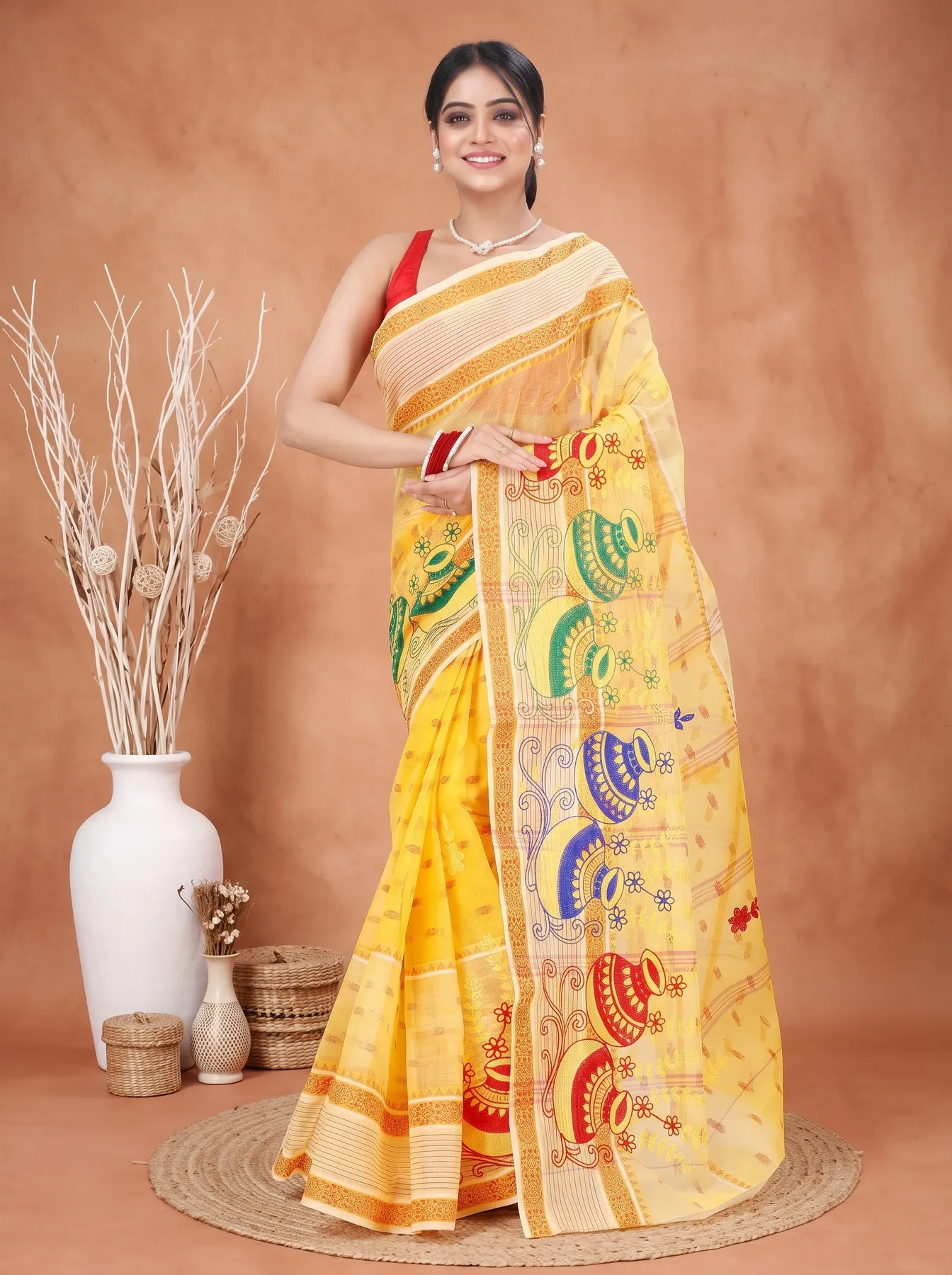 DipDiya Pure Cotton Yellow Embi Debdash Ghot Tradition in Every Thread Embroidery Tant Sarees