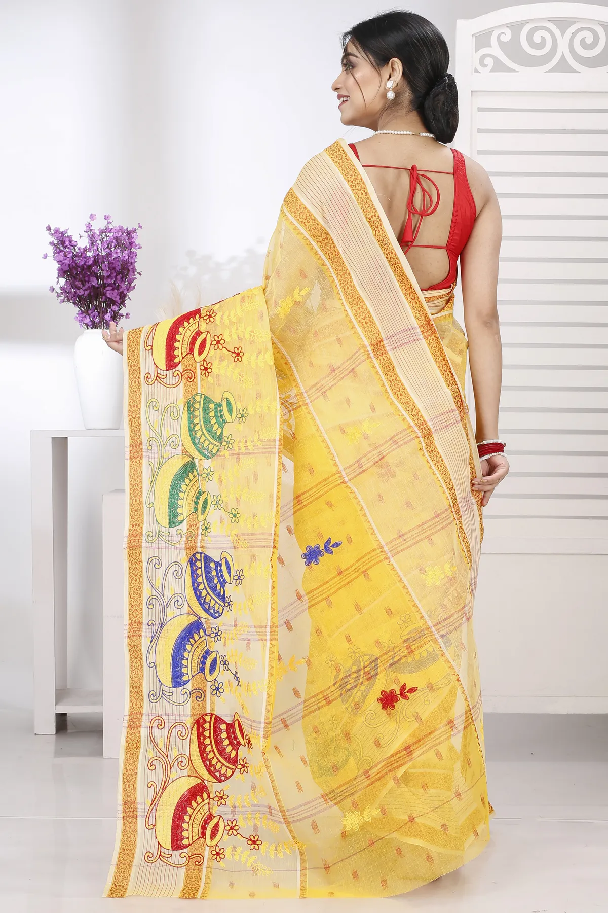 DipDiya Pure Cotton Yellow Embi Debdash Ghot Tradition in Every Thread Embroidery Tant Sarees