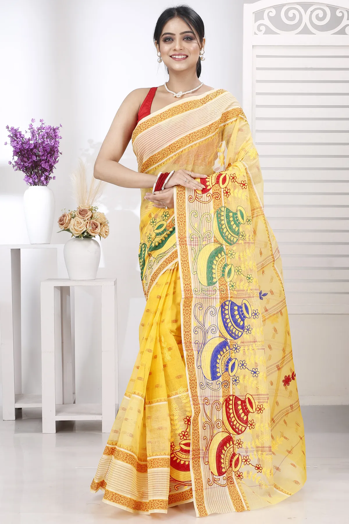 DipDiya Pure Cotton Yellow Embi Debdash Ghot Tradition in Every Thread Embroidery Tant Sarees