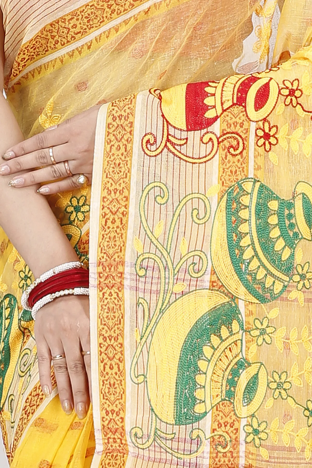 DipDiya Pure Cotton Yellow Embi Debdash Ghot Tradition in Every Thread Embroidery Tant Sarees
