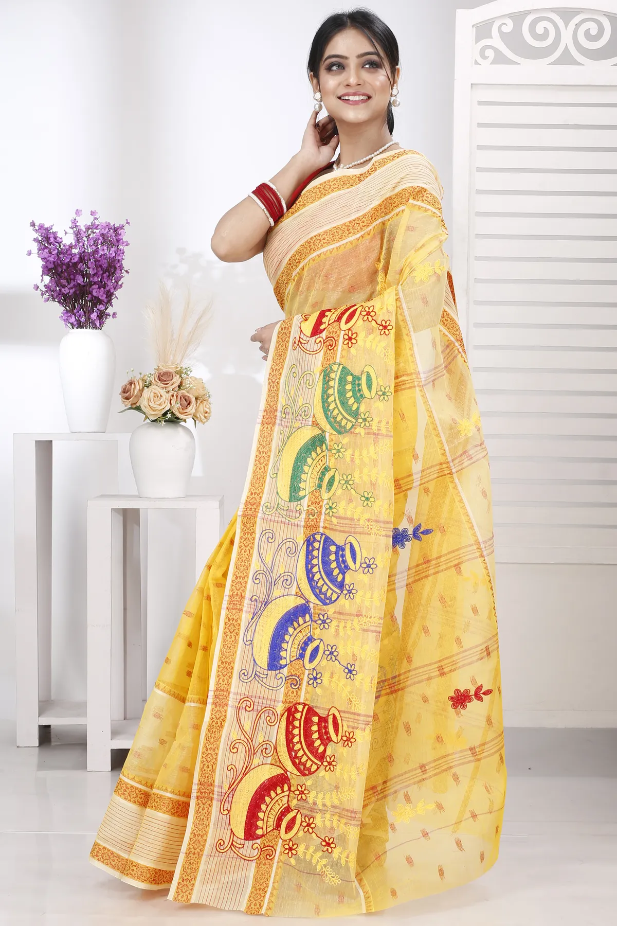 DipDiya Pure Cotton Yellow Embi Debdash Ghot Tradition in Every Thread Embroidery Tant Sarees
