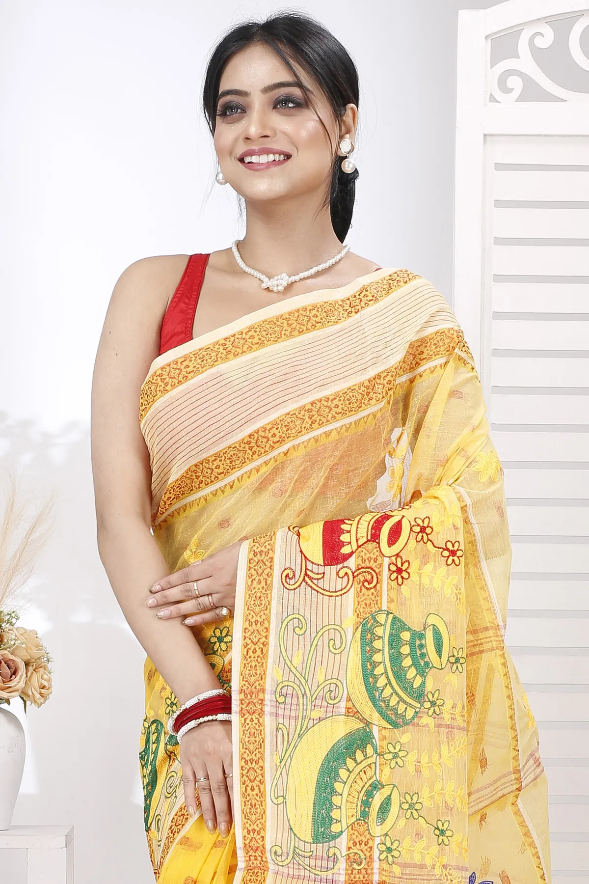 DipDiya Pure Cotton Yellow Embi Debdash Ghot Tradition in Every Thread Embroidery Tant Sarees