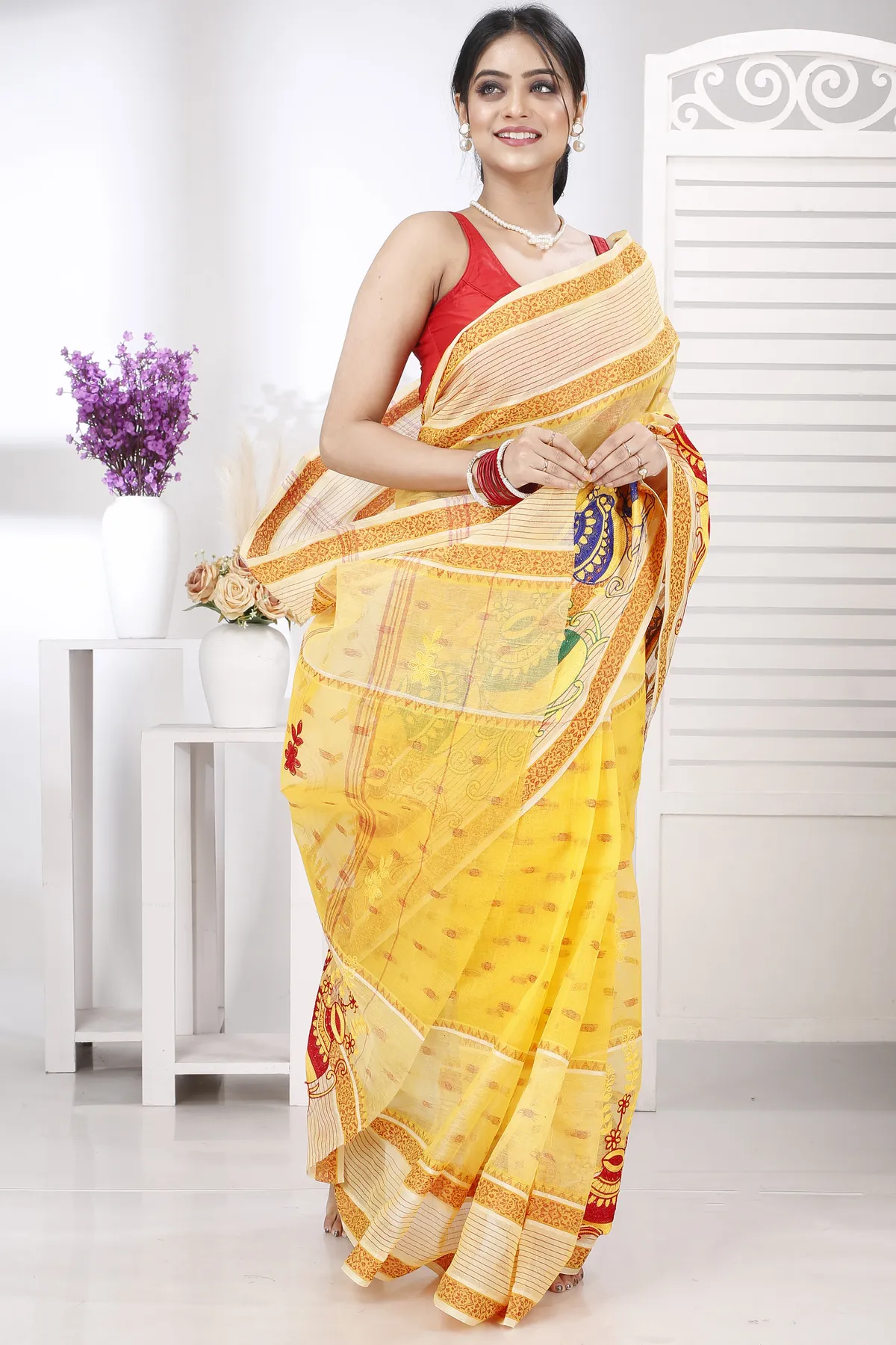 DipDiya Pure Cotton Yellow Embi Debdash Ghot Tradition in Every Thread Embroidery Tant Sarees