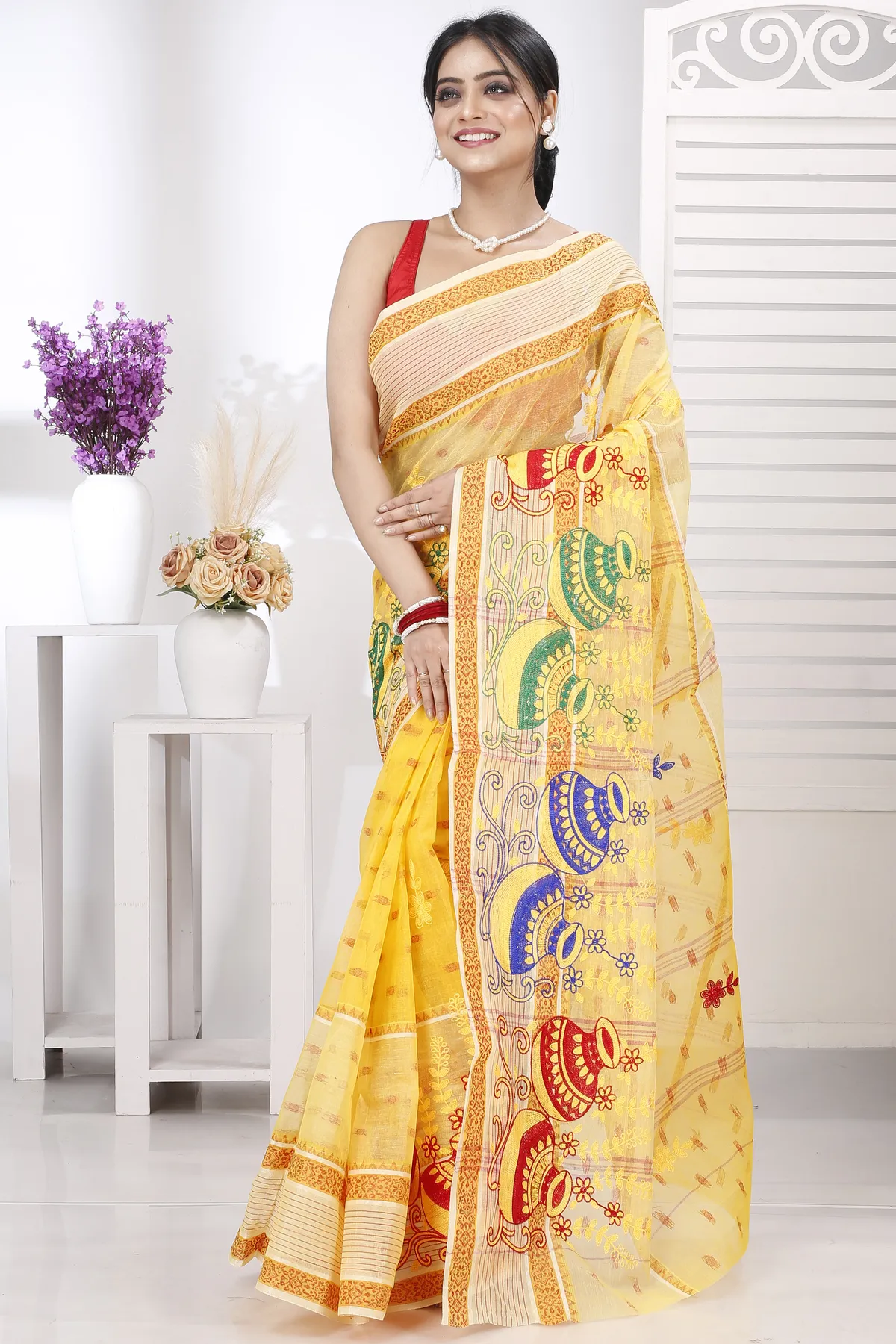 DipDiya Pure Cotton Yellow Embi Debdash Ghot Tradition in Every Thread Embroidery Tant Sarees