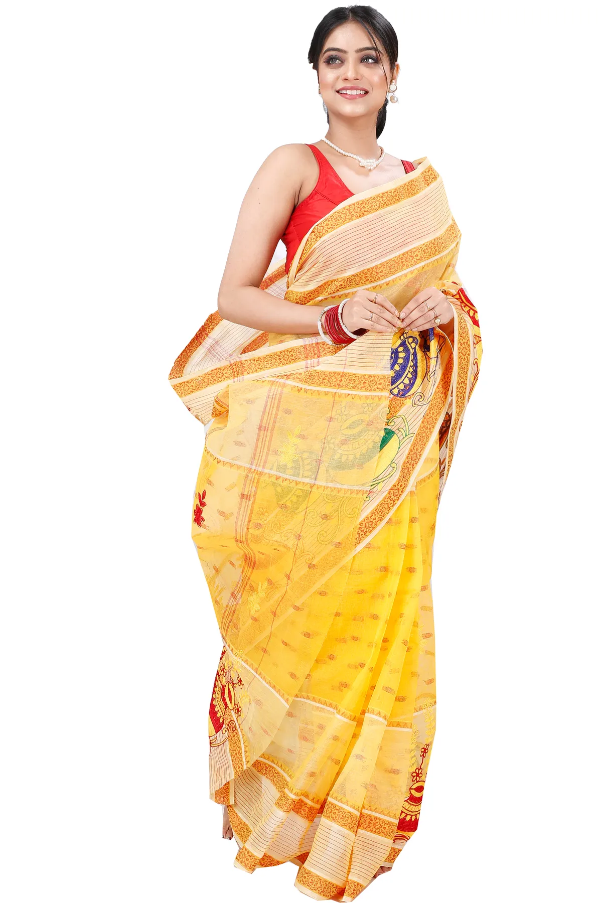 DipDiya Pure Cotton Yellow Embi Debdash Ghot Tradition in Every Thread Embroidery Tant Sarees
