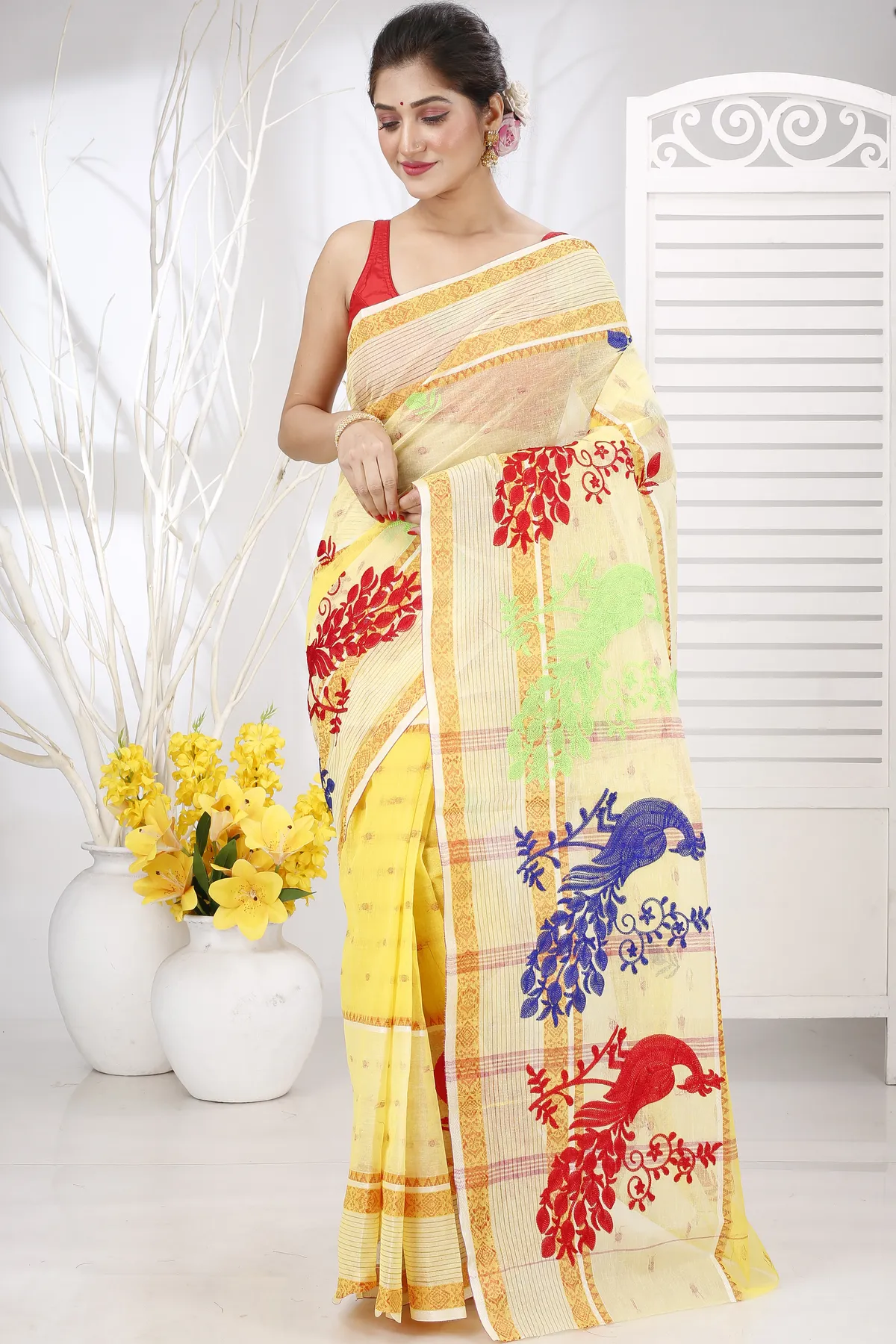 DipDiya Pure Cotton Yellow Embi Debdash Moyur Artisan Crafted Embroidery Tant Sarees