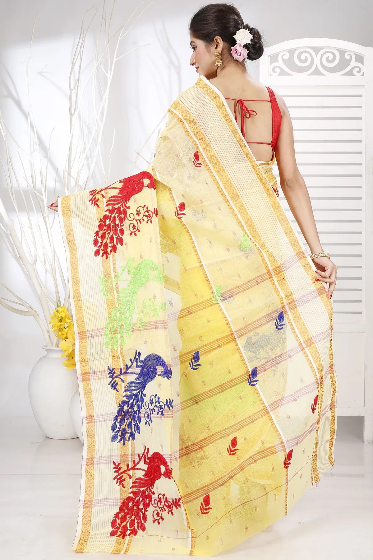 DipDiya Pure Cotton Yellow Embi Debdash Moyur Artisan Crafted Embroidery Tant Sarees