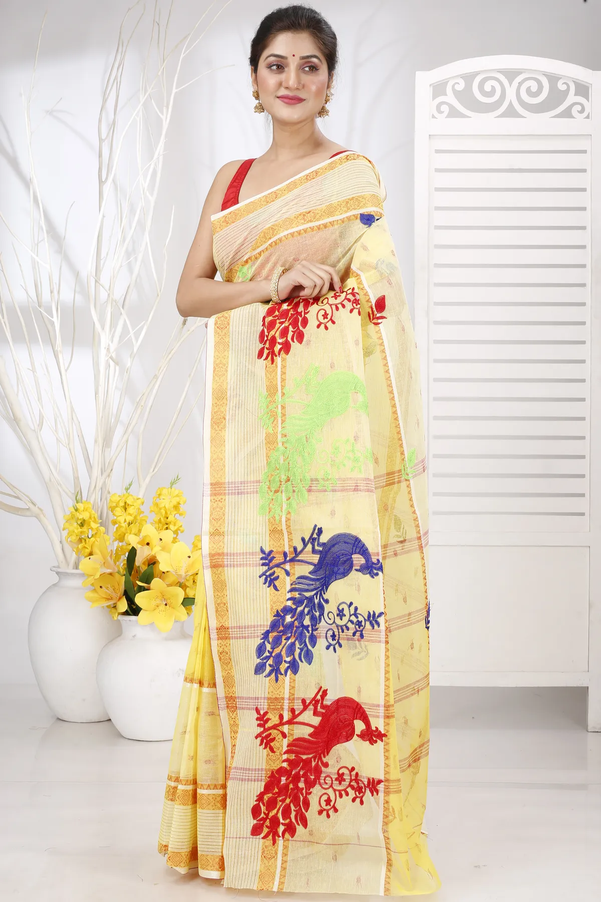 DipDiya Pure Cotton Yellow Embi Debdash Moyur Artisan Crafted Embroidery Tant Sarees