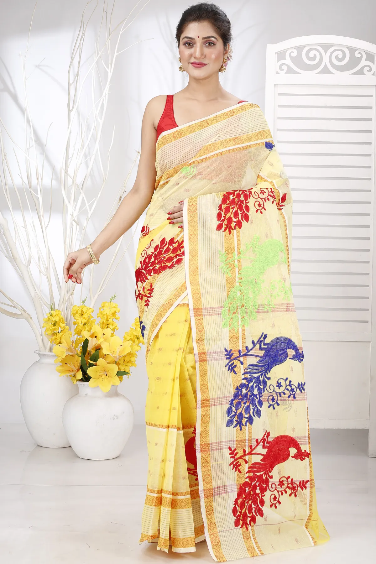 DipDiya Pure Cotton Yellow Embi Debdash Moyur Artisan Crafted Embroidery Tant Sarees
