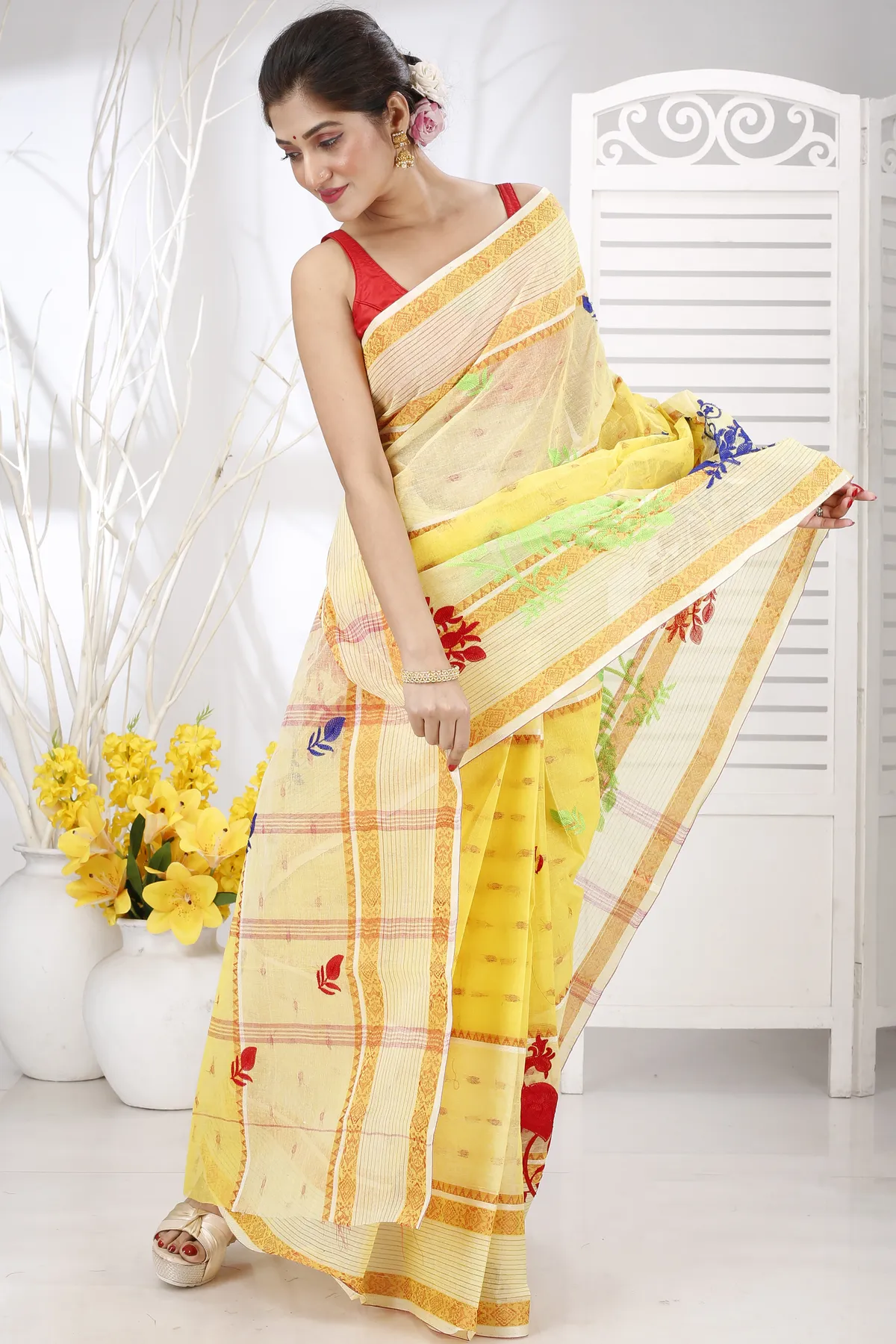 DipDiya Pure Cotton Yellow Embi Debdash Moyur Artisan Crafted Embroidery Tant Sarees