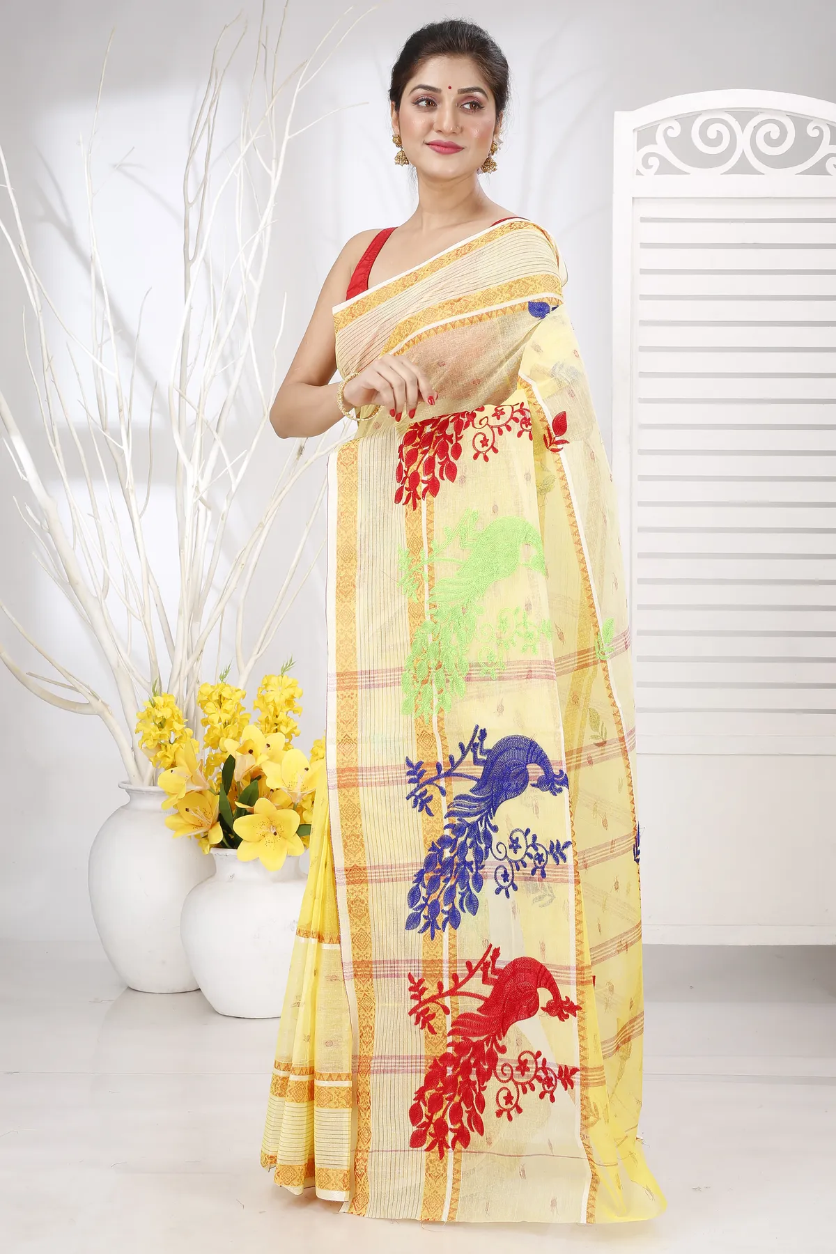 DipDiya Pure Cotton Yellow Embi Debdash Moyur Artisan Crafted Embroidery Tant Sarees