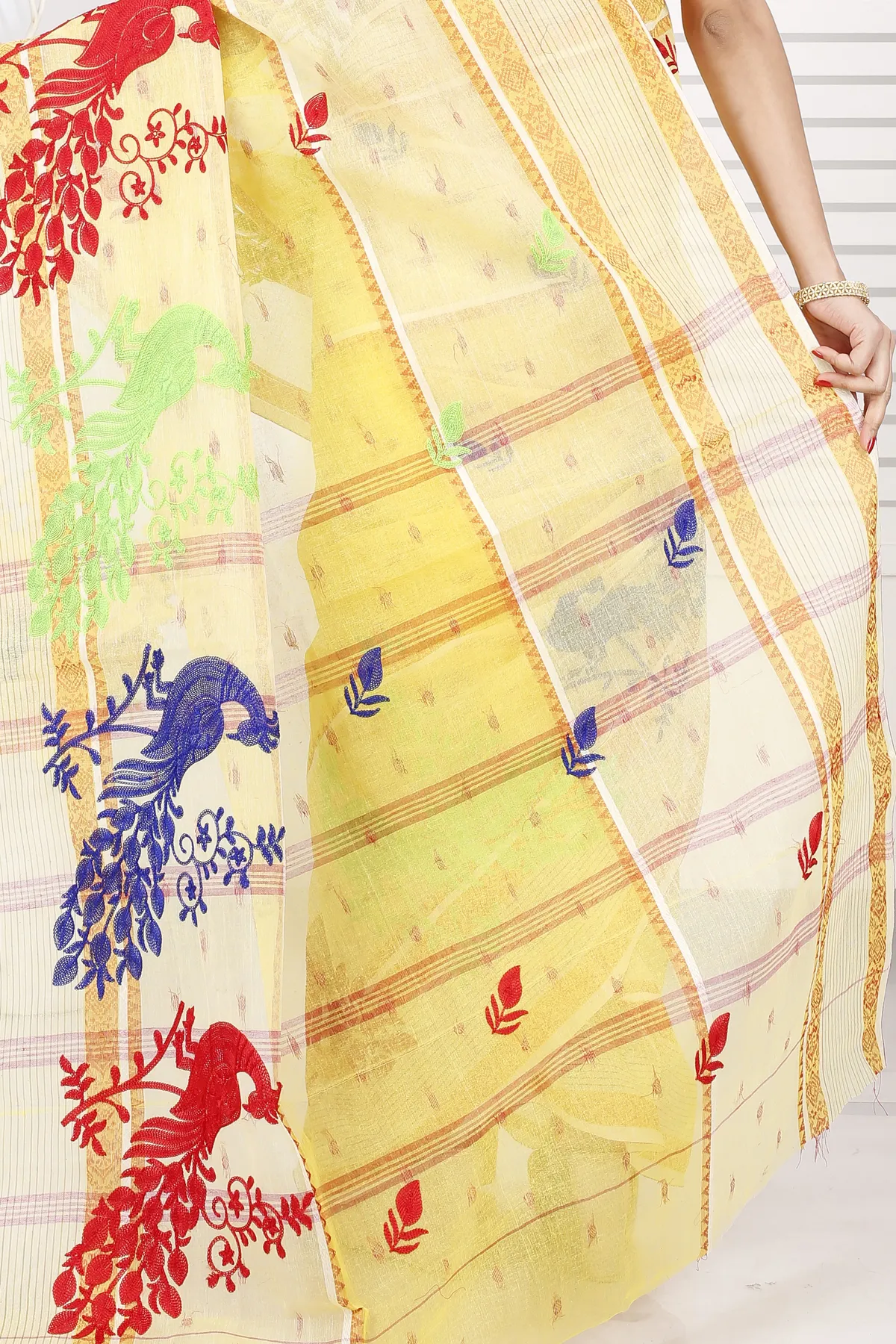 DipDiya Pure Cotton Yellow Embi Debdash Moyur Artisan Crafted Embroidery Tant Sarees